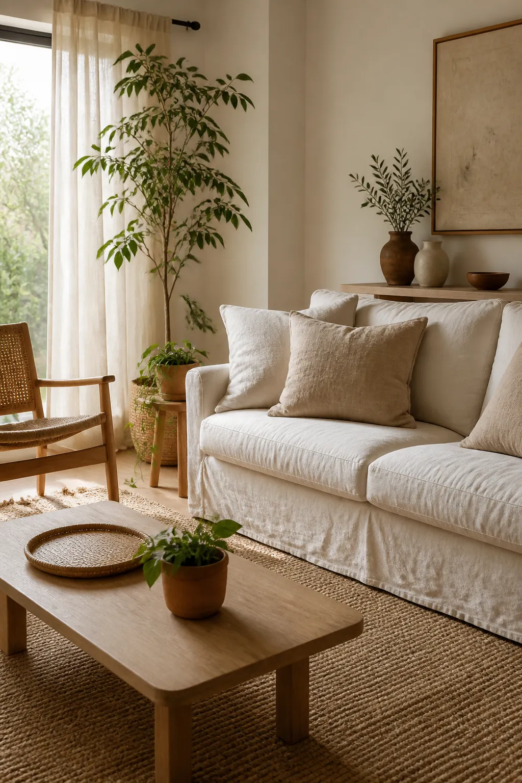 Natural living room material palette with linen sofa, wood coffee table, jute rug, and greenery