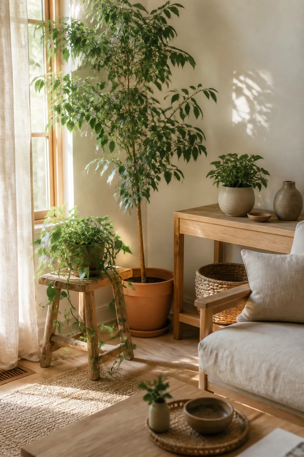 Peaceful living room corner with grouped indoor plants, linen curtain, wood stool, and natural textures