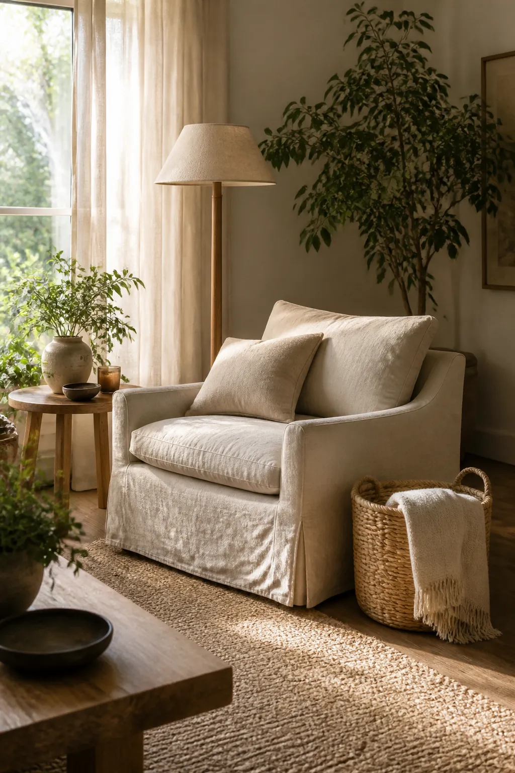 Natural living room reading corner with linen chair, wood side table, woven basket, and greenery