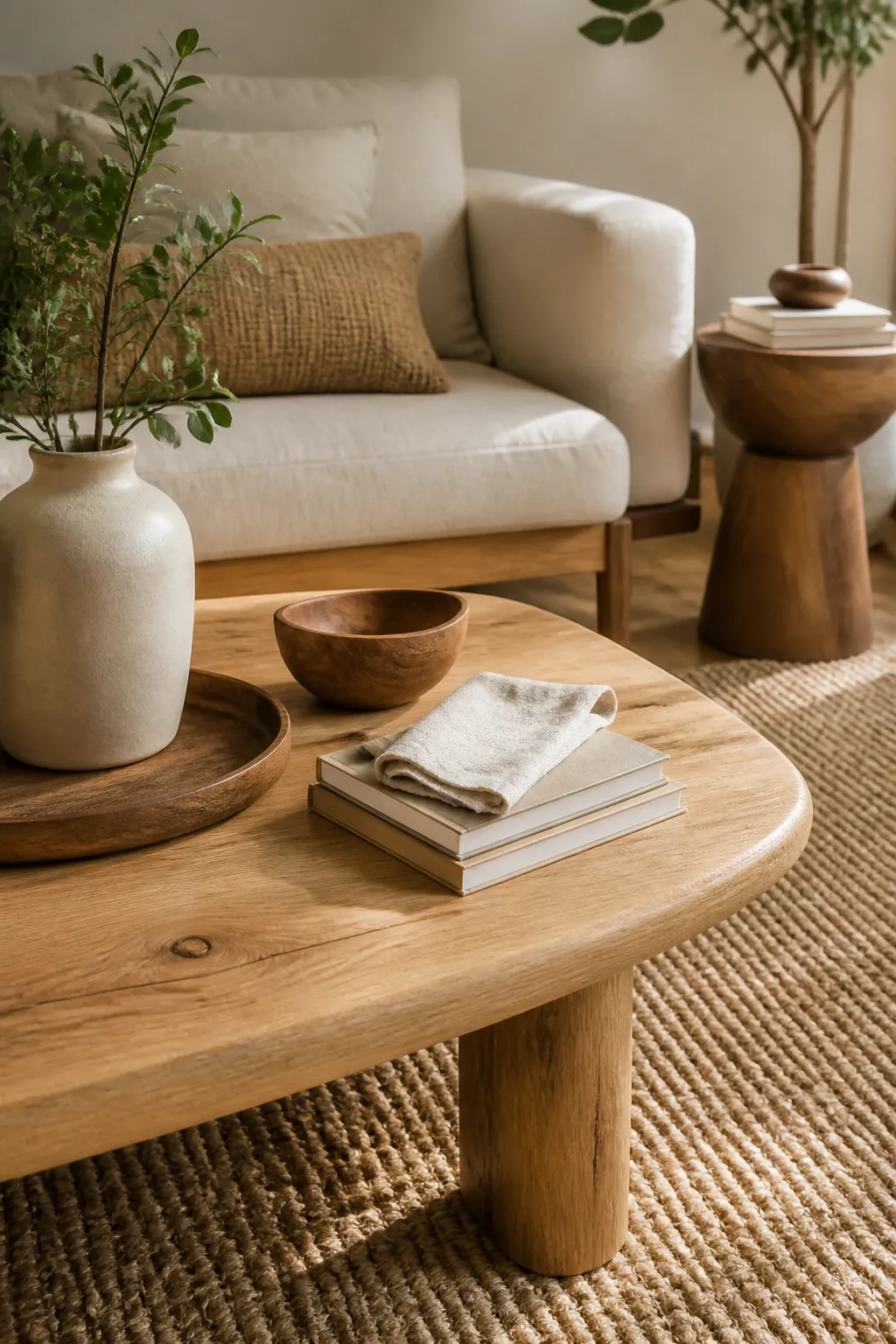 Wood accents warming a neutral living room with oak coffee table, linen sofa, woven rug, and ceramic vase