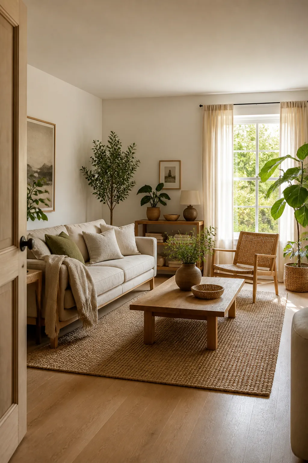 Balanced calm living room with linen sofa, wood coffee table, woven rug, cane chair, greenery, and natural textures