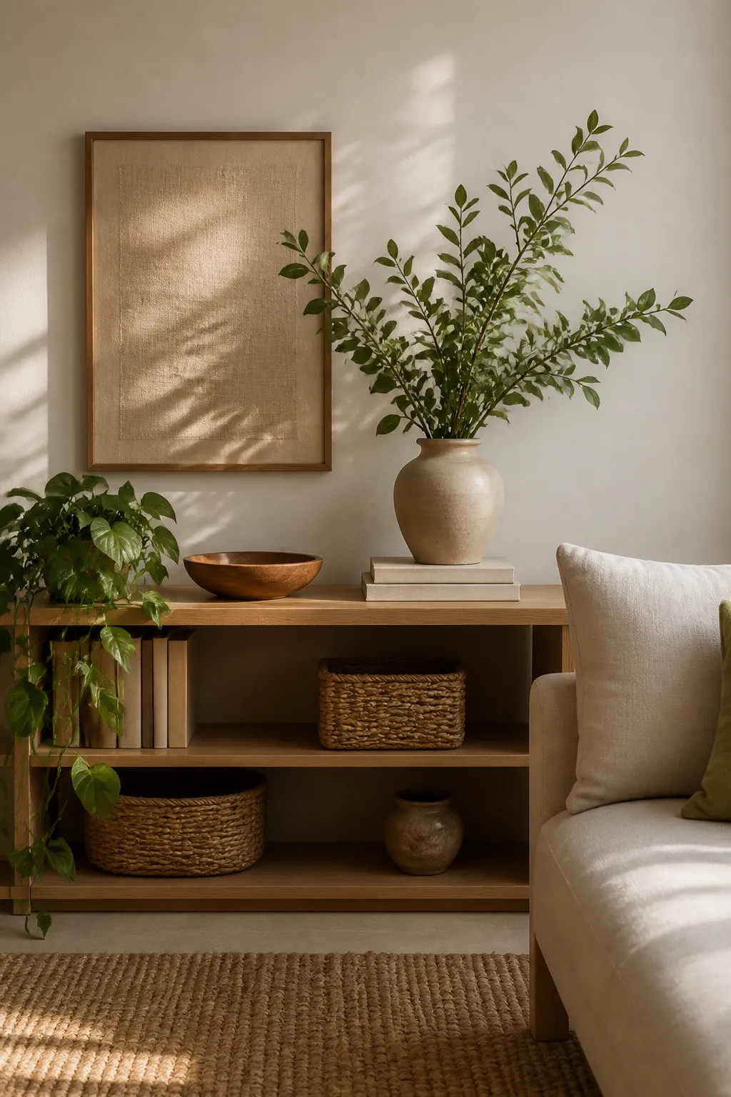 Natural living room shelf styling with wood console, greenery, neutral art, ceramics, and linen texture