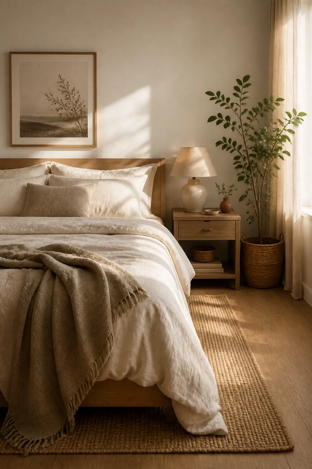 Peaceful bedroom with natural textures, linen bedding, wood nightstand, greenery, and warm minimal decor