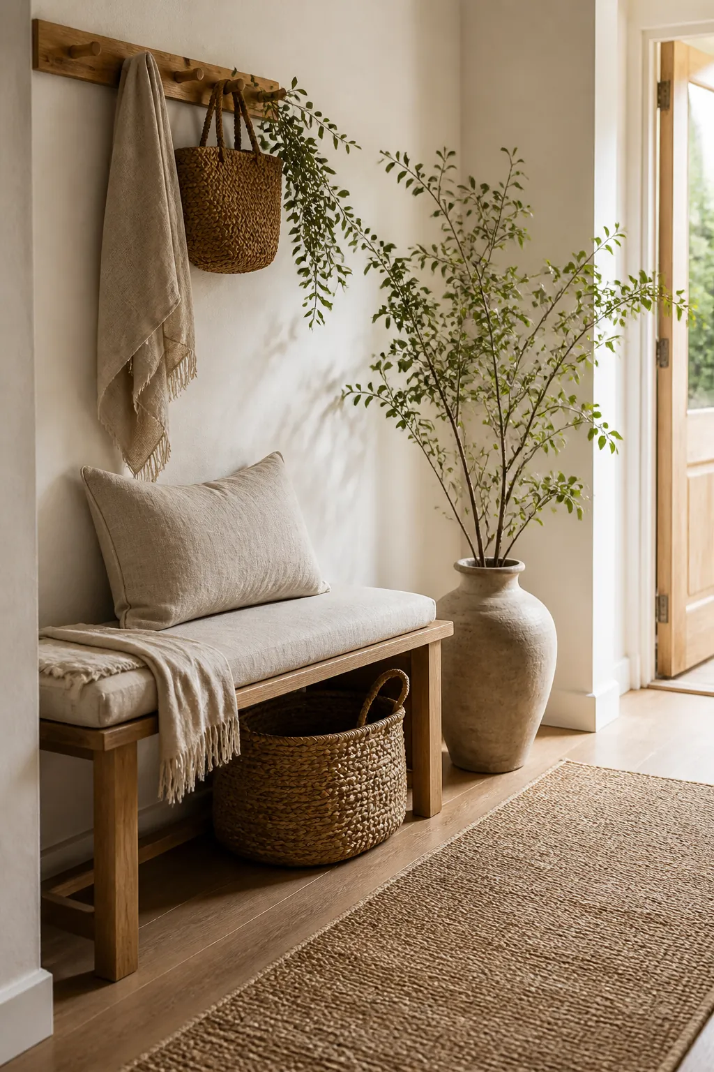 Nature inspired entryway with branches, wood bench, woven basket, and calm earthy decor