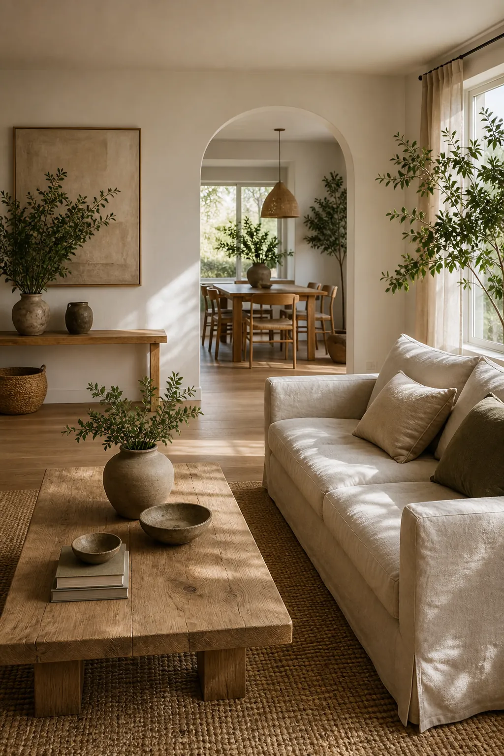Peaceful nature inspired living room with wood, greenery, linen, earth tones, and soft daylight