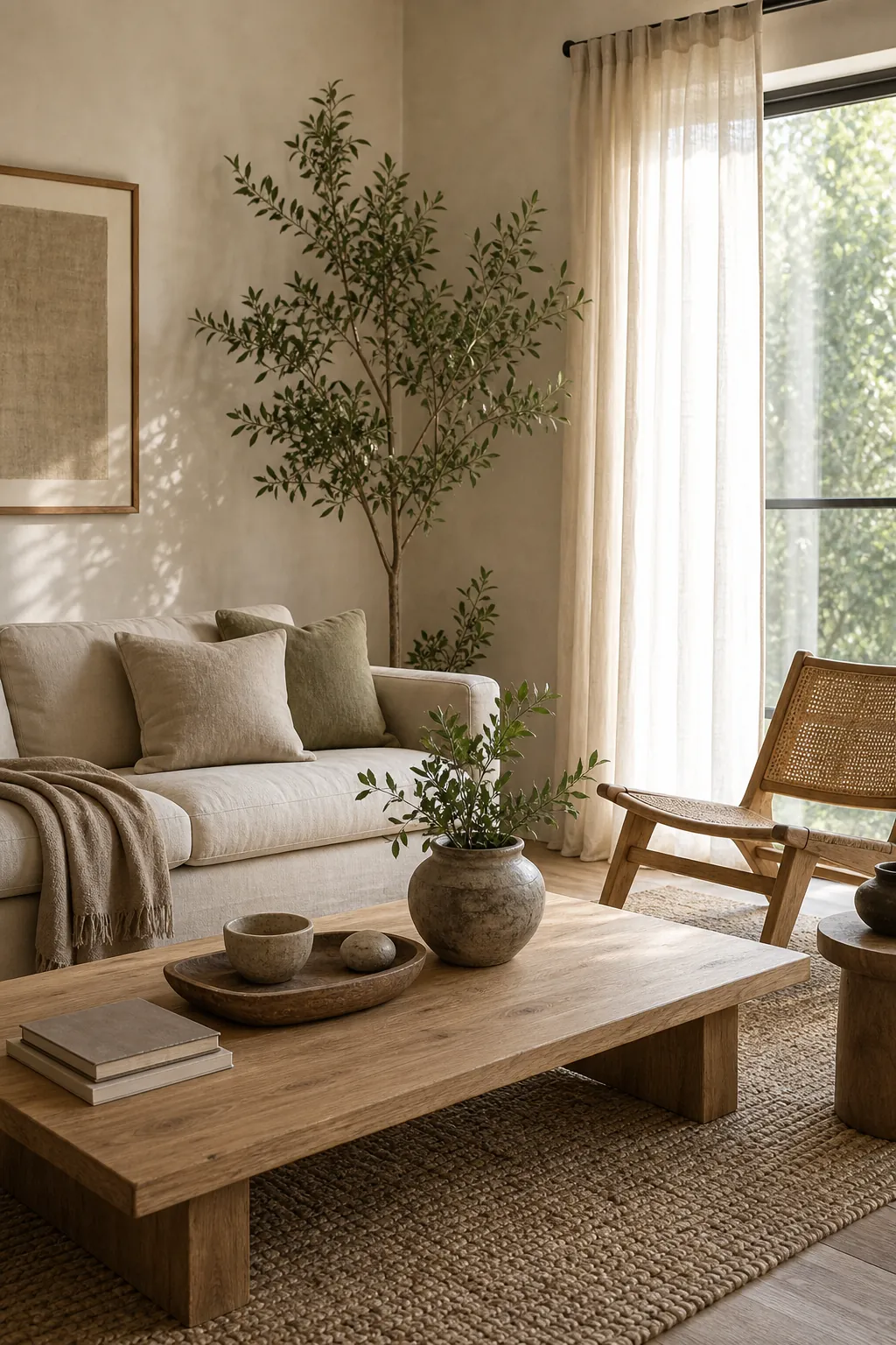 Organic modern living room with earthy interiors, neutral textiles, wood decor, and greenery