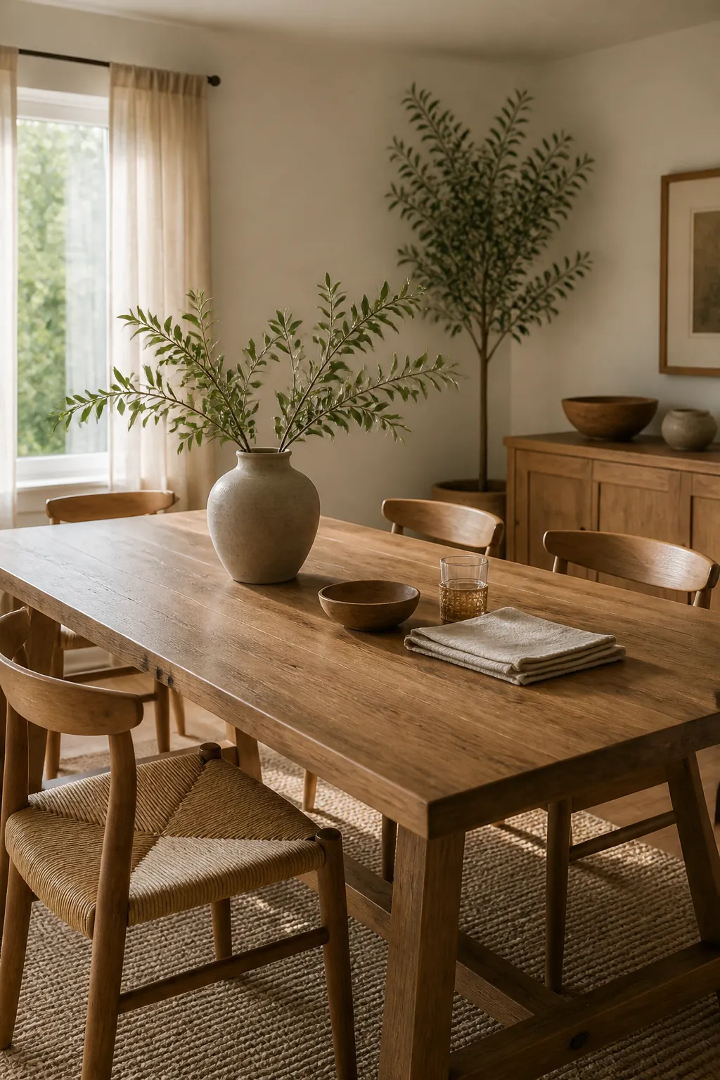 Natural dining room with wood table, ceramic vase, greenery centerpiece, and soft neutral textiles