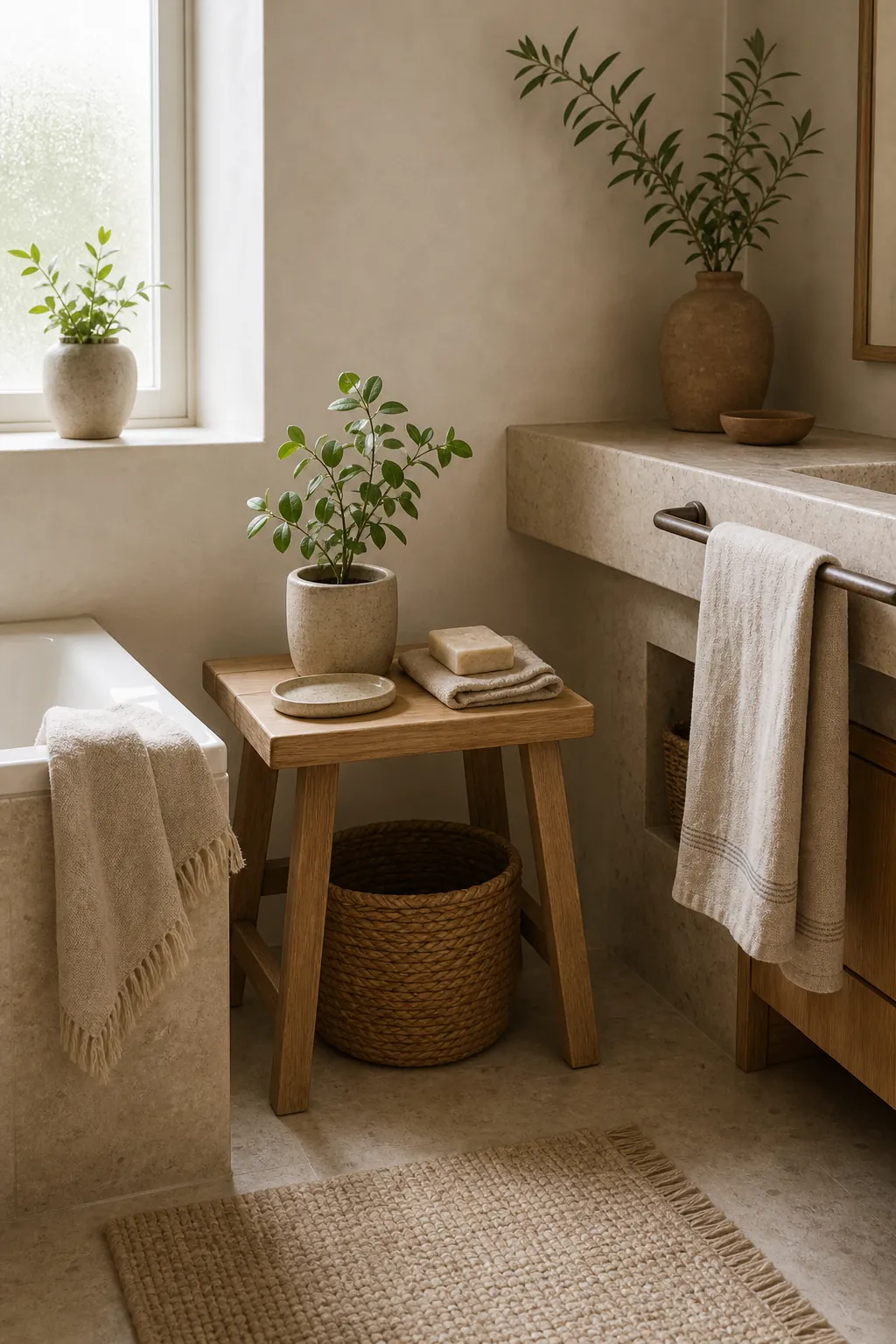 Calm bathroom with stone, wood accents, greenery, linen towel, and nature inspired spa mood