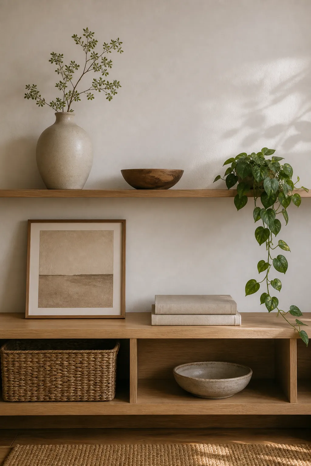 Warm minimalist shelf with natural decor, wood, ceramics, greenery, and earthy interior styling