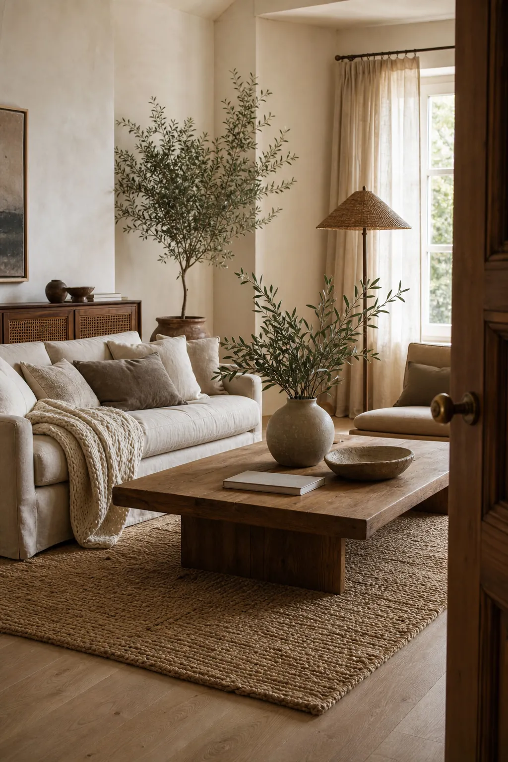 Warm neutral living room with layered natural textures, wood, linen, jute, ceramics, and greenery