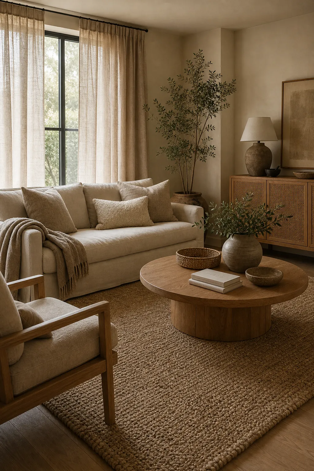 Warm neutral living room layered with linen, wool, jute, wood, ceramics, and greenery