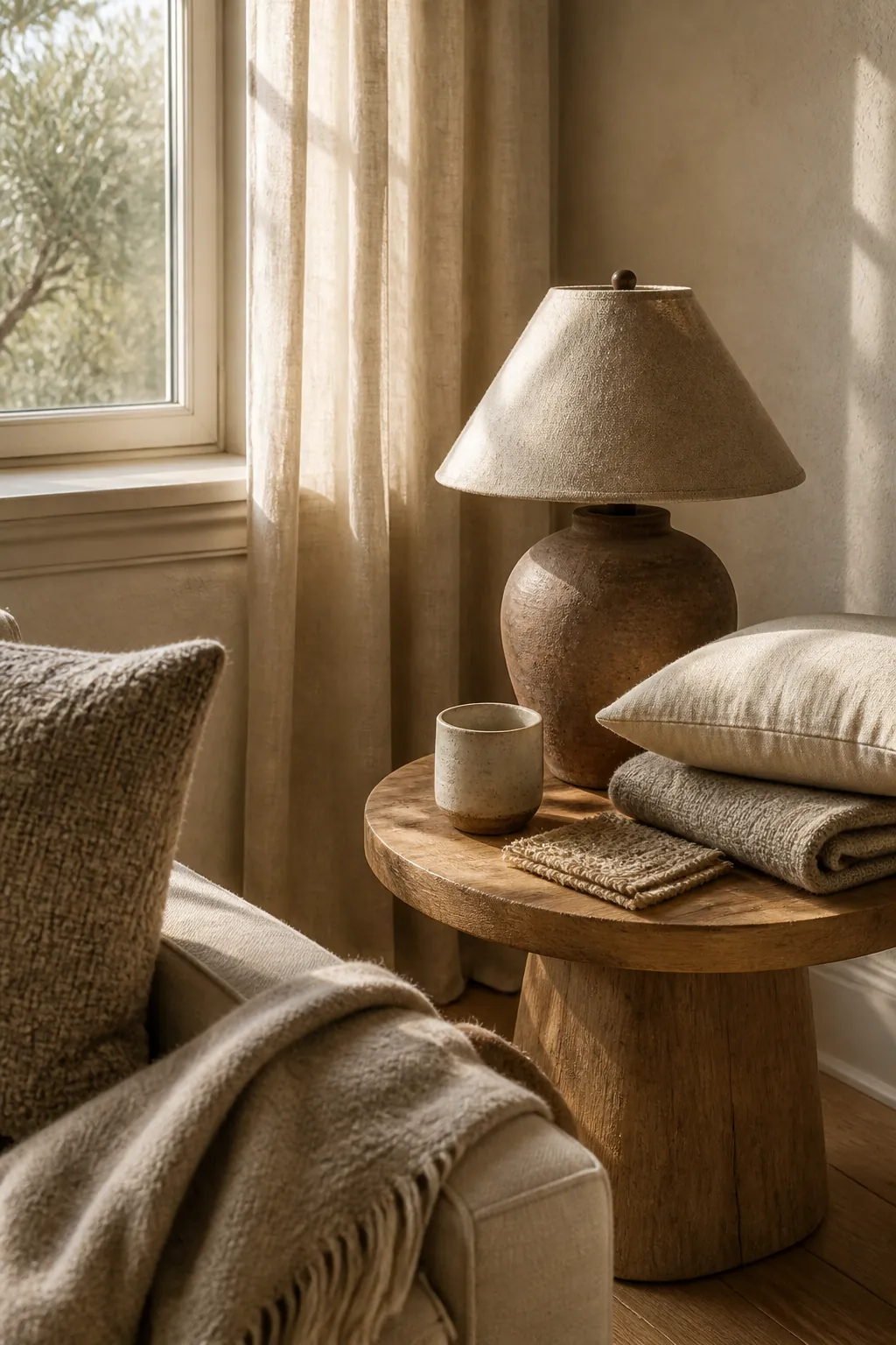 Warm neutral palette with cream linen, taupe wool, oak wood, and natural daylight