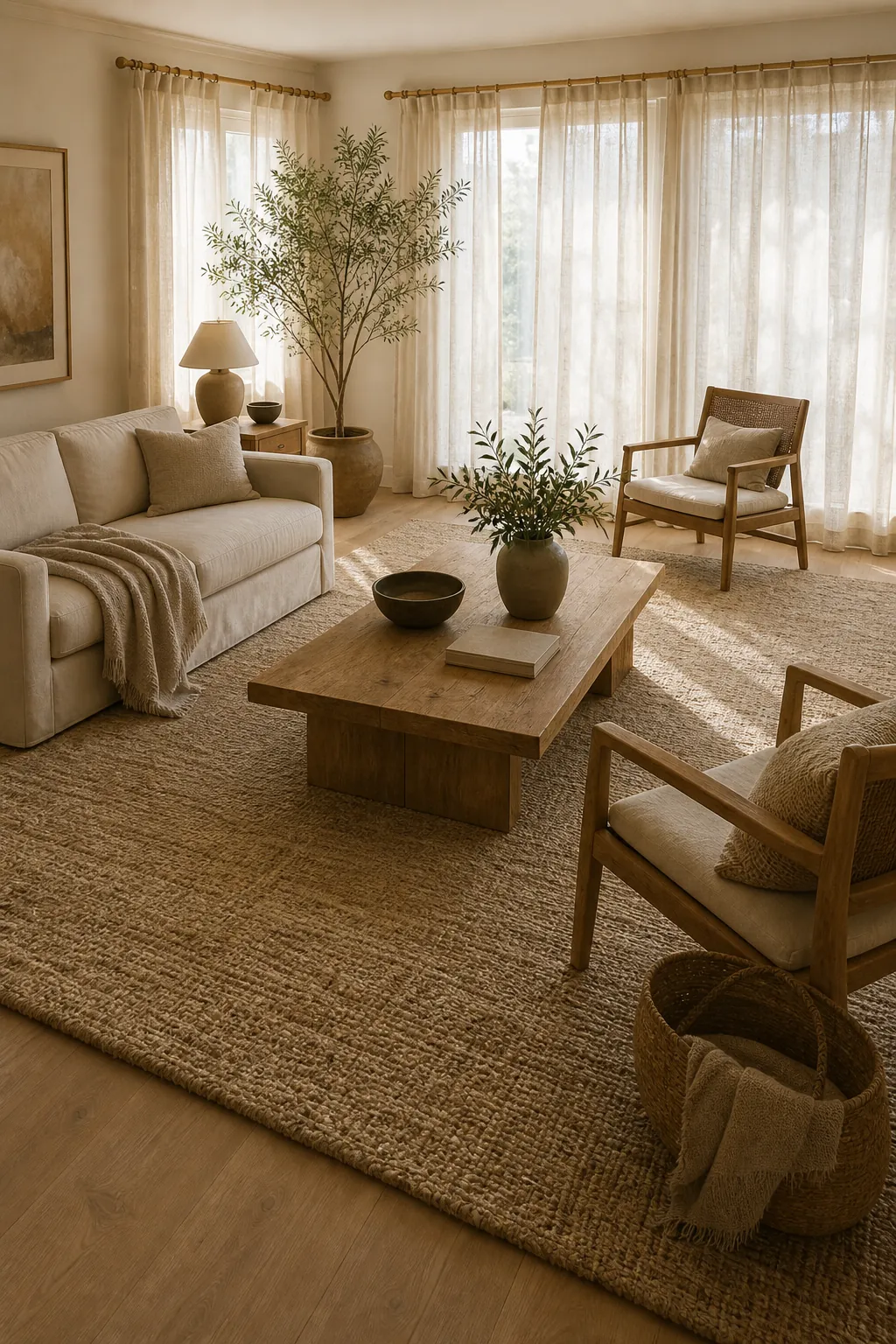 Large wool and jute rug with linen curtains warming a neutral living room