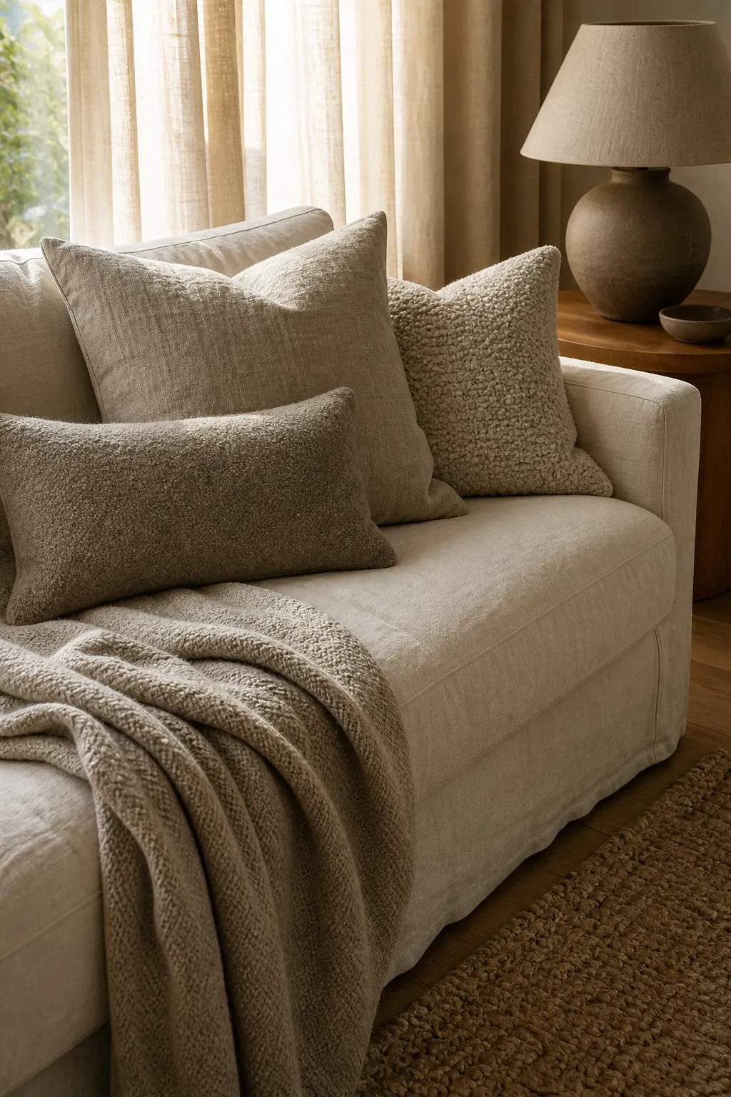 Neutral sofa layered with linen pillows, wool throw, and boucle texture