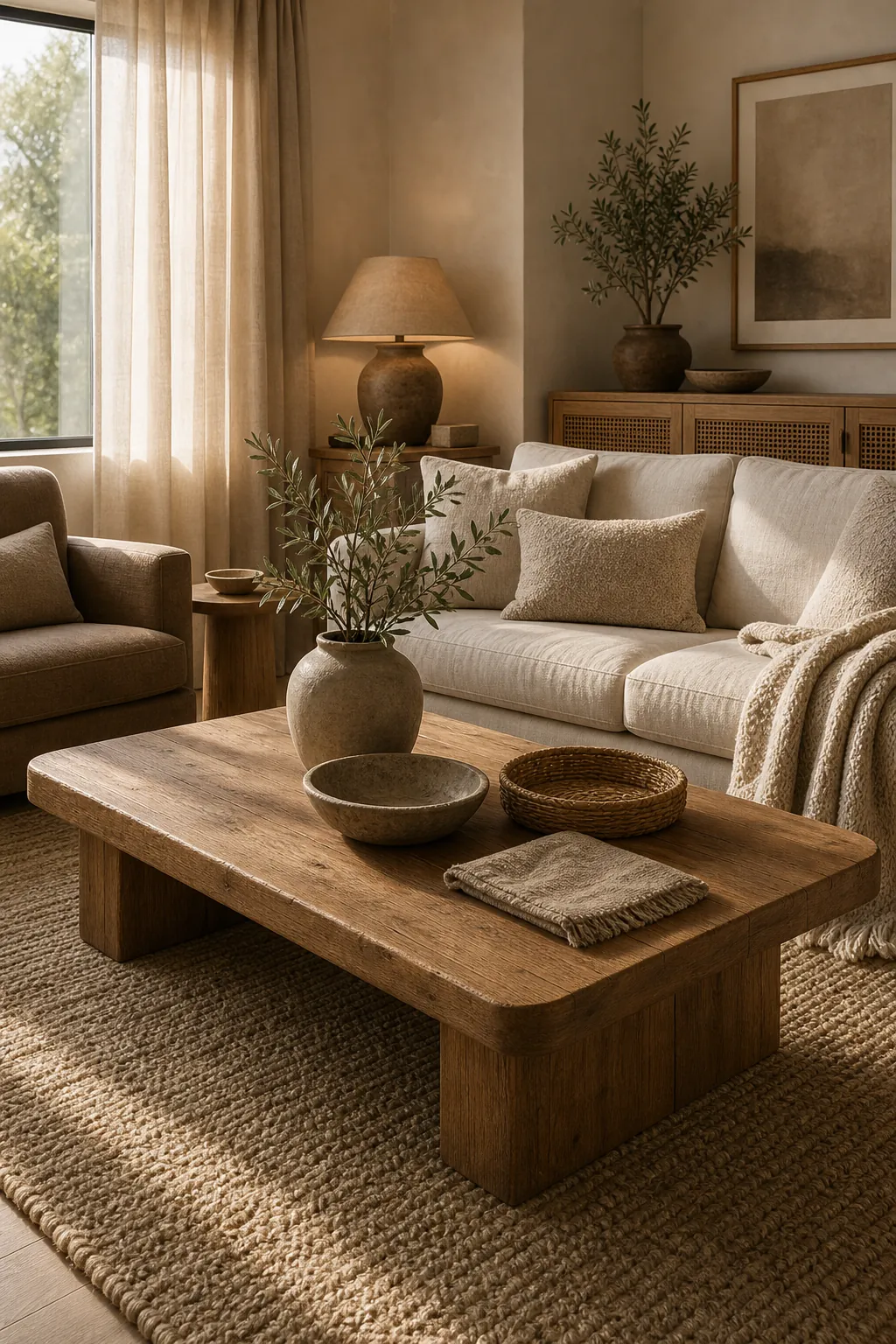 Natural wood coffee table anchoring a warm neutral living room with textured decor