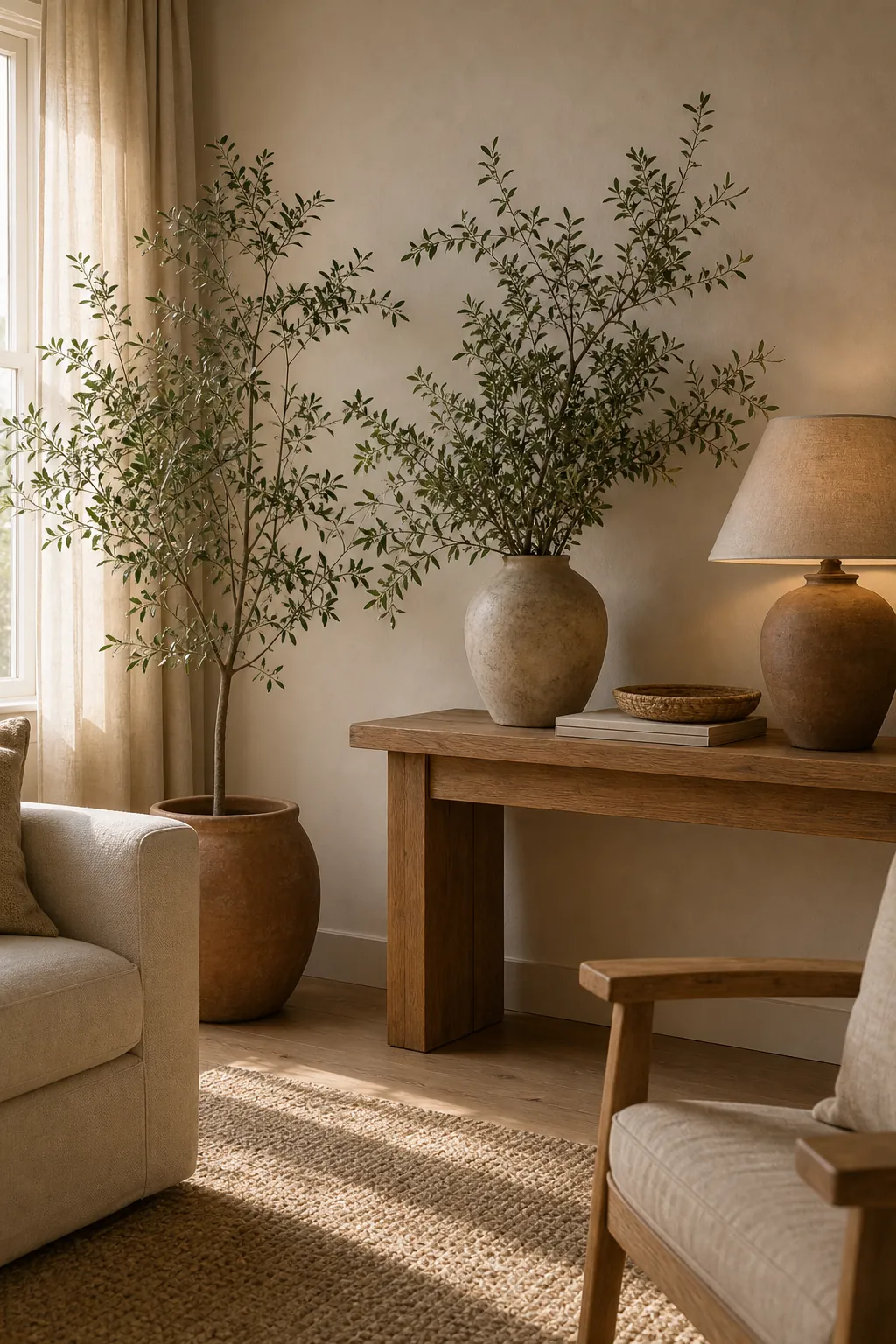 Olive branches, stoneware vase, and greenery adding warmth to a neutral room