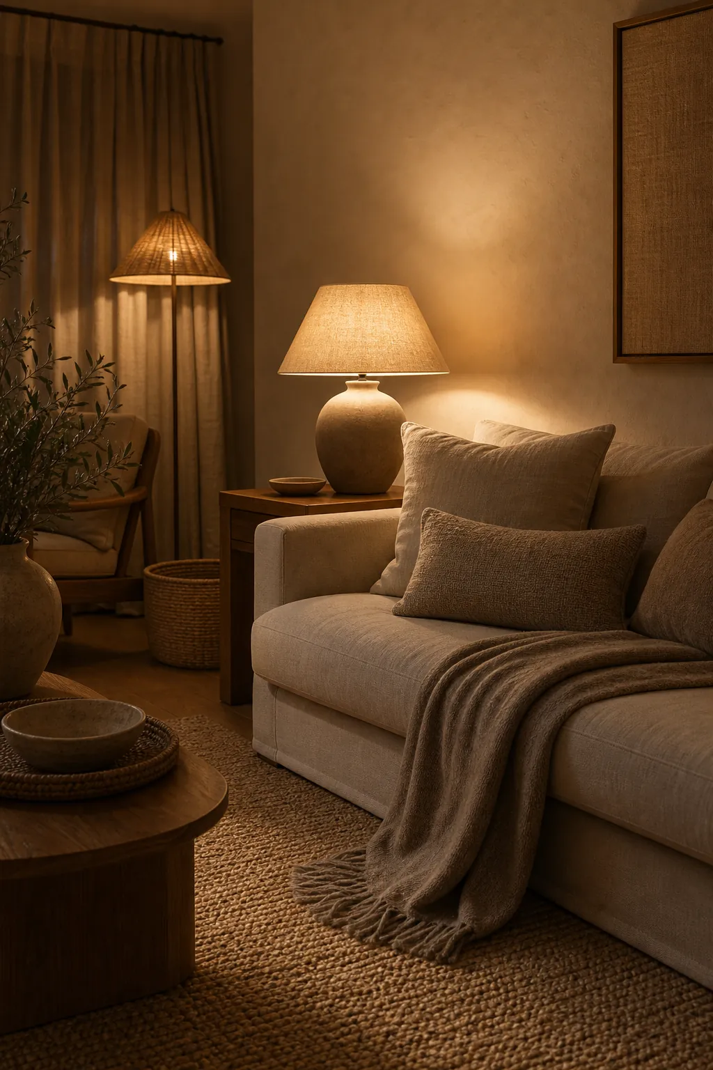 Warm lamp light revealing natural textures in a neutral living room at evening