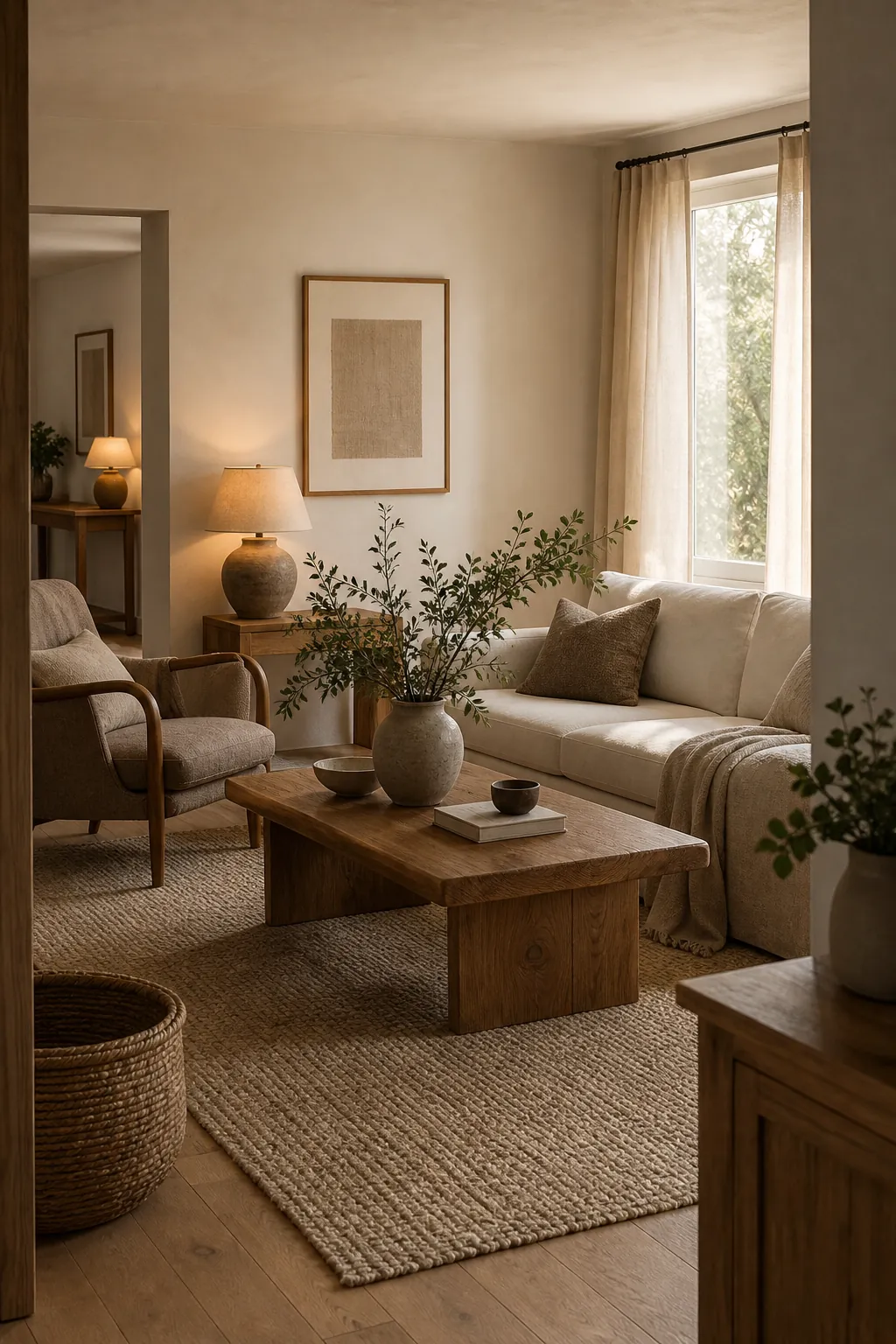 Finished warm minimalist neutral room with layered natural textures and calm styling