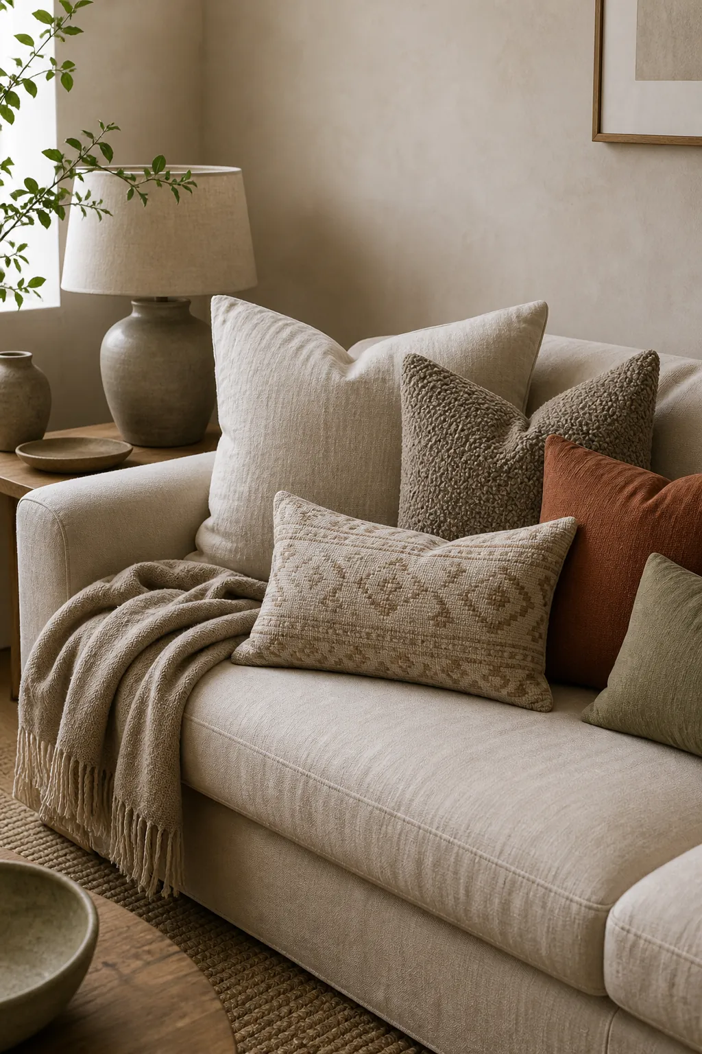 Throw pillows in linen, boucle, taupe, clay, and sage styled against beige walls