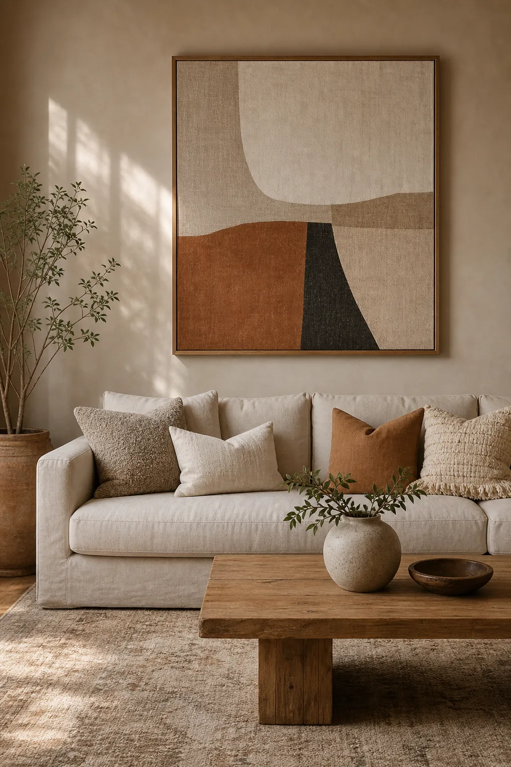 Large wall art above a beige sofa wall with balanced neutral living room styling