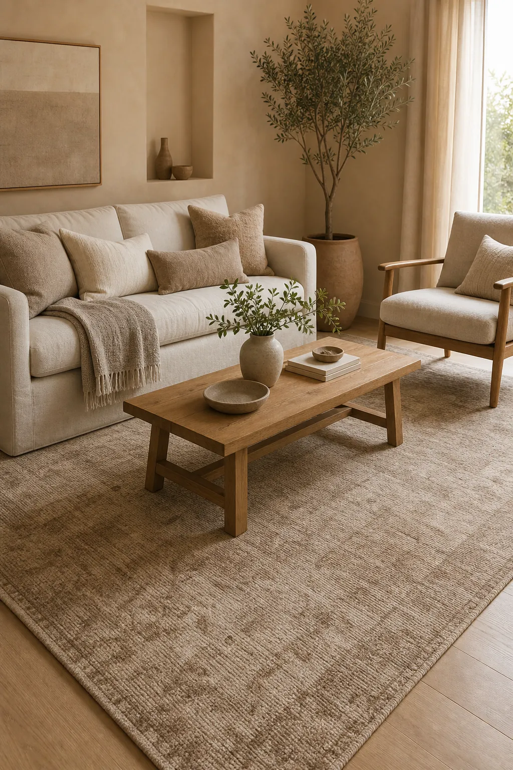 Large area rug anchoring beige walls with neutral sofa and layered home styling