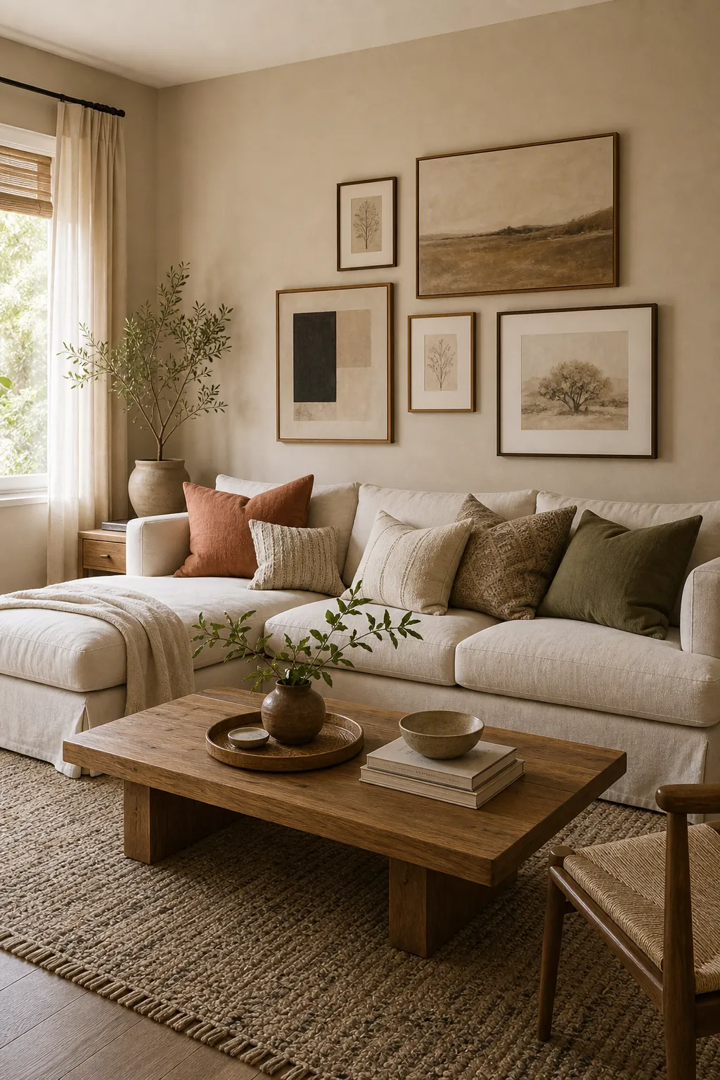 Beige living room with styled rugs, wall art, throw pillows, and soft neutral textures