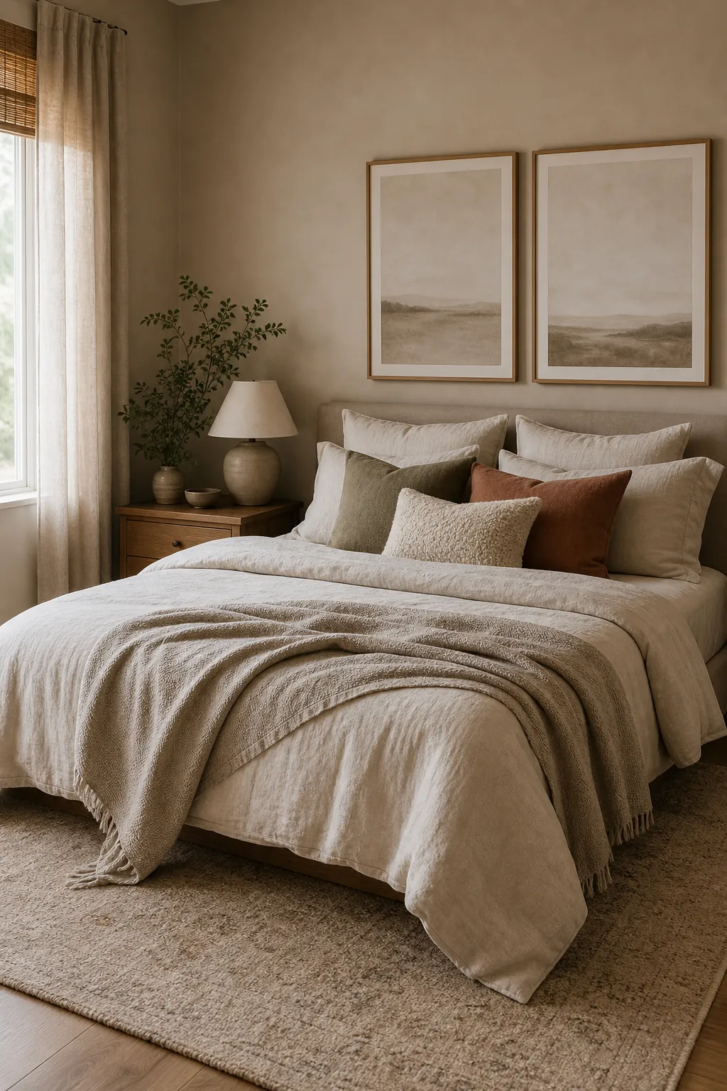 Beige bedroom with wall art, rug, pillows, soft textures, and warm neutral styling