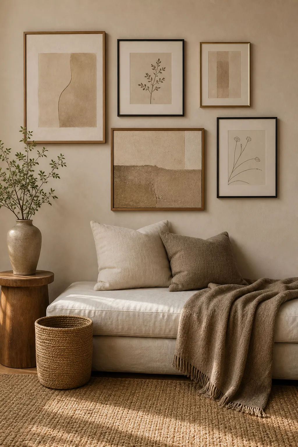 Beige wall gallery styling with neutral art, soft textures, woven rug, and pillows