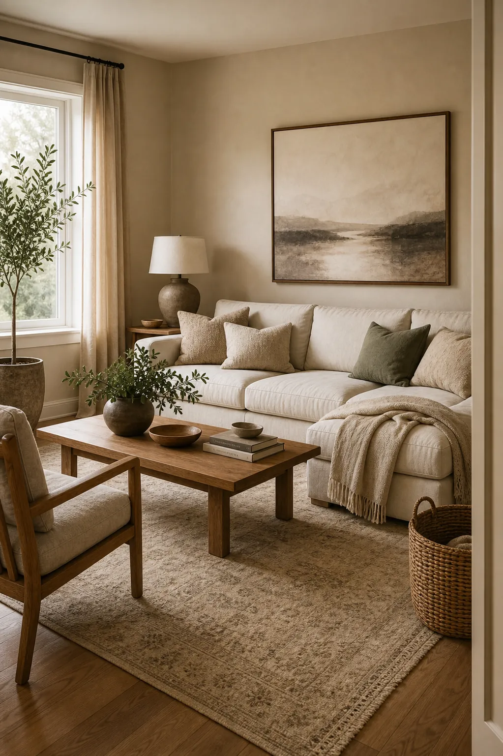 Finished beige room styling with balanced wall art, area rug, throw pillows, and neutral textures
