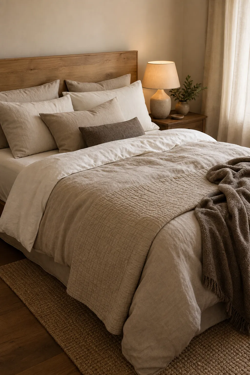 Cozy beige bedding layered with pillows and a throw blanket in a warm neutral bedroom