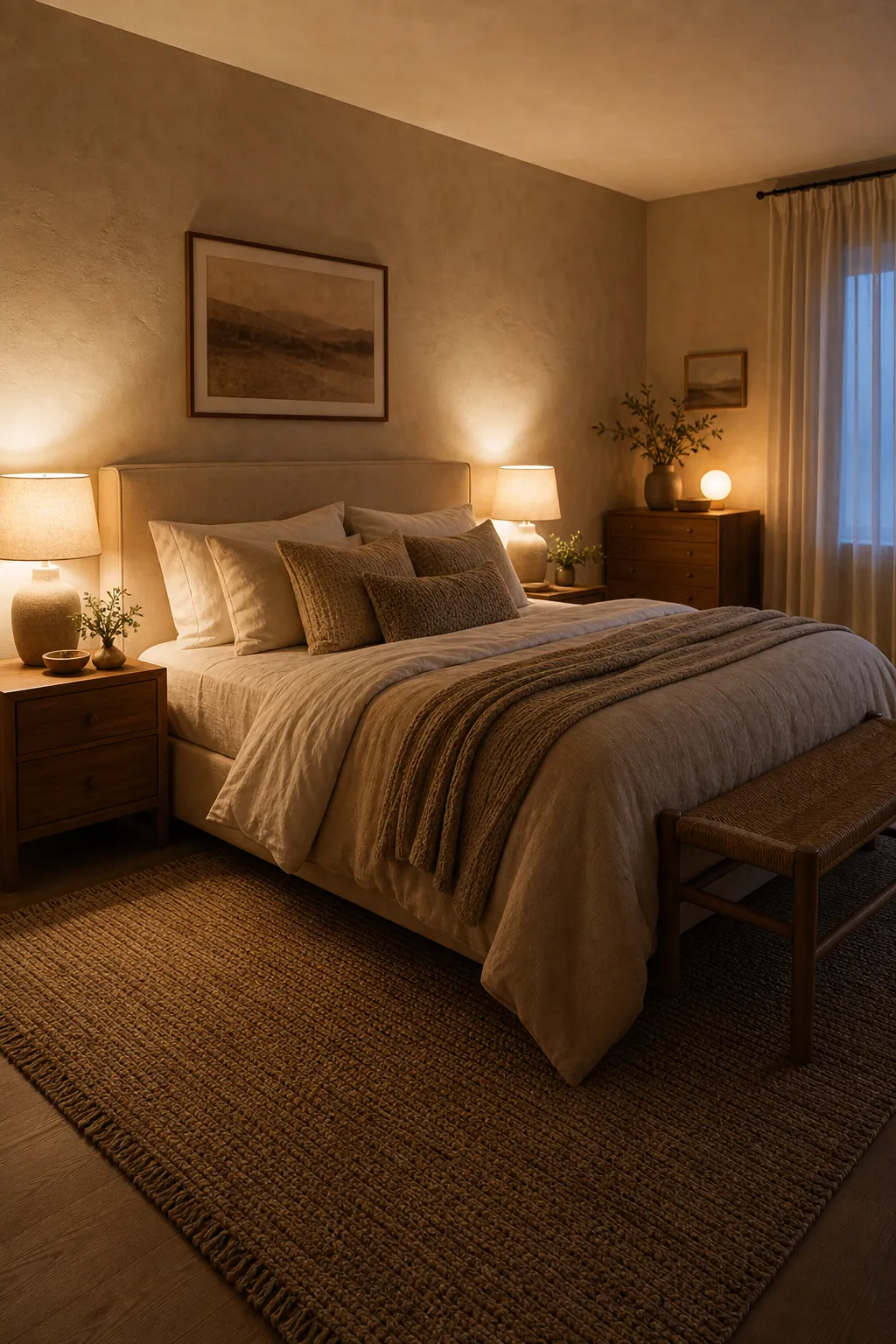 Warm beige bedroom with shaded lamps and layered soft lighting