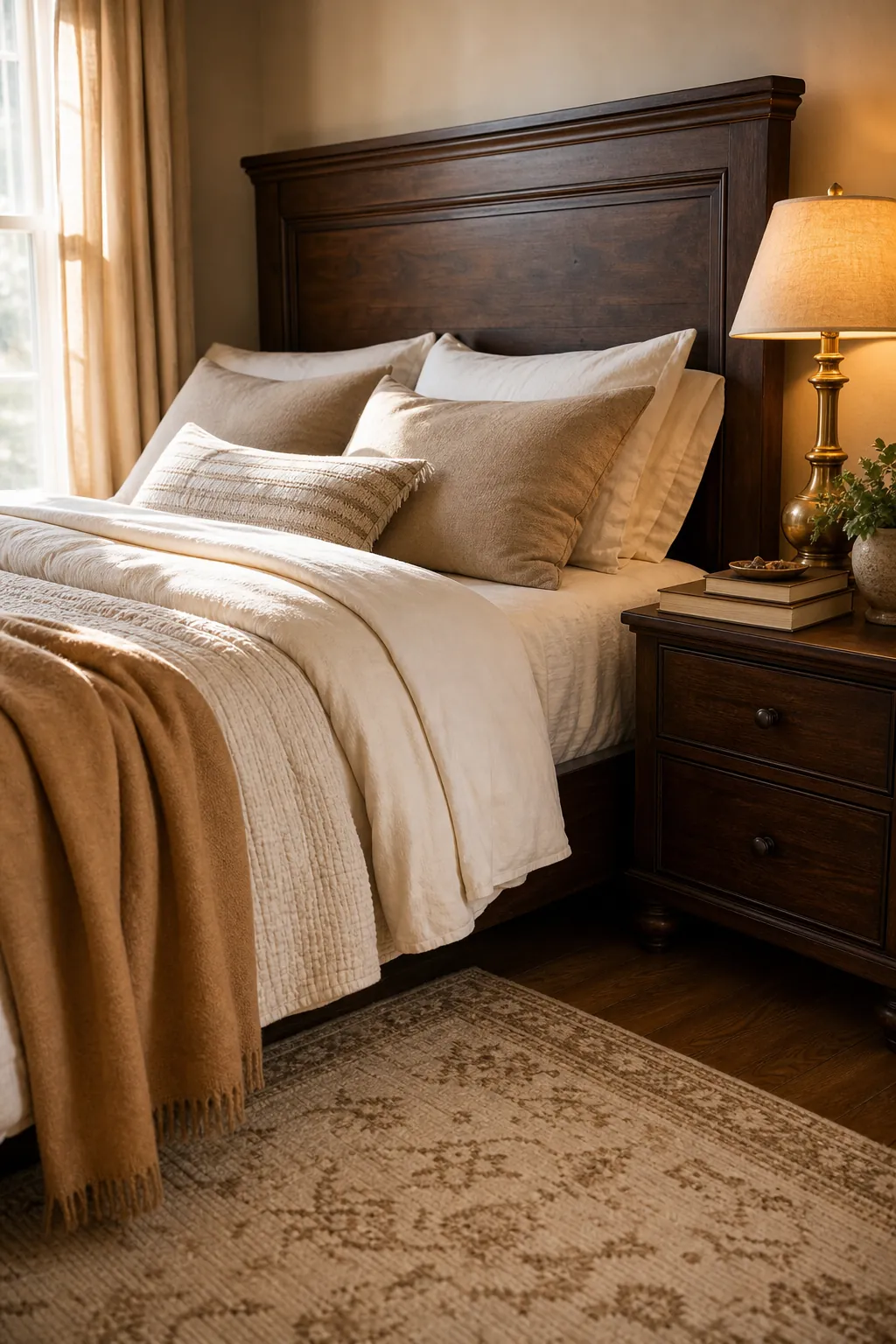 Warm white and beige bedding with dark wood furniture for a cozy bedroom