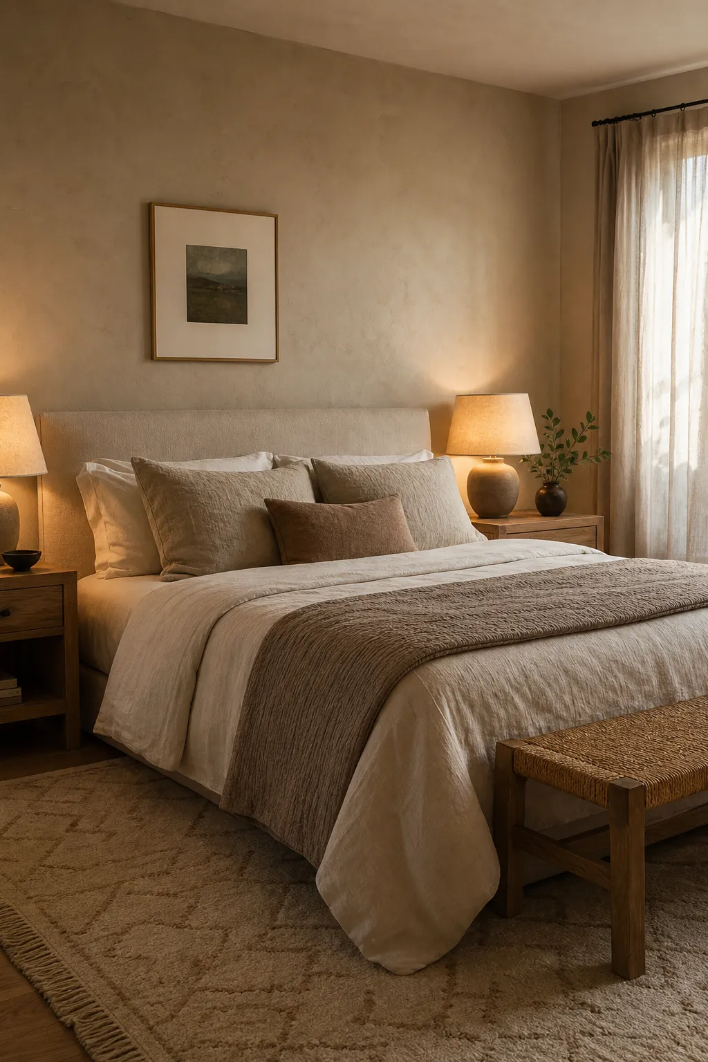 Beige bedroom with soft lighting layered bedding and natural texture