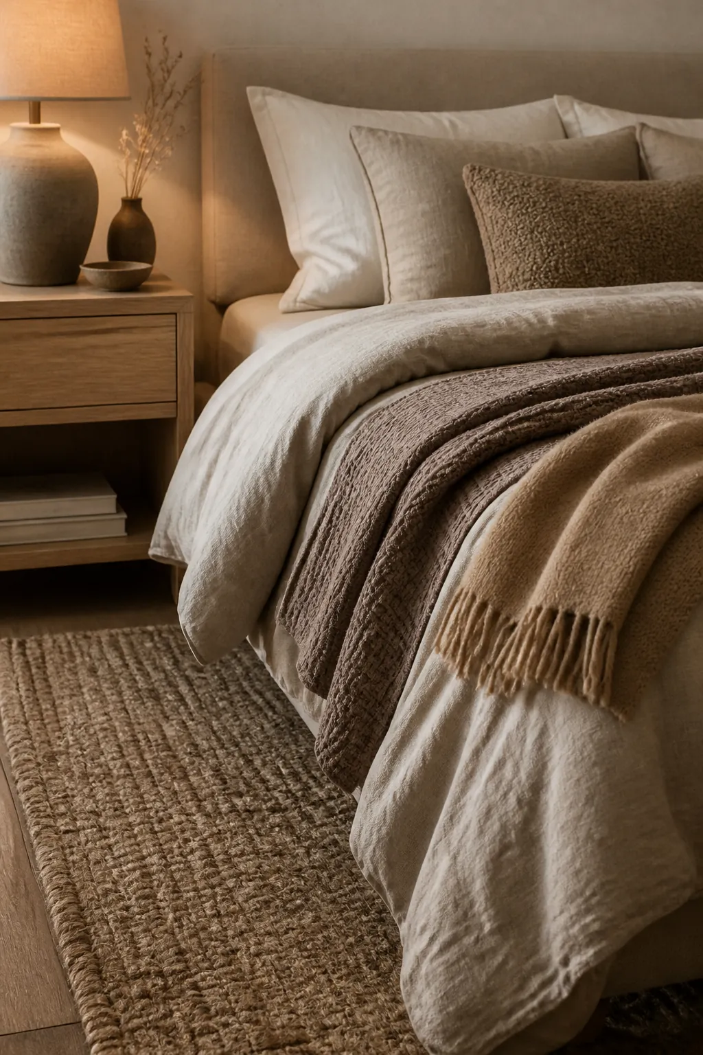 Close view of beige bedroom texture with linen bedding wool throw and woven rug