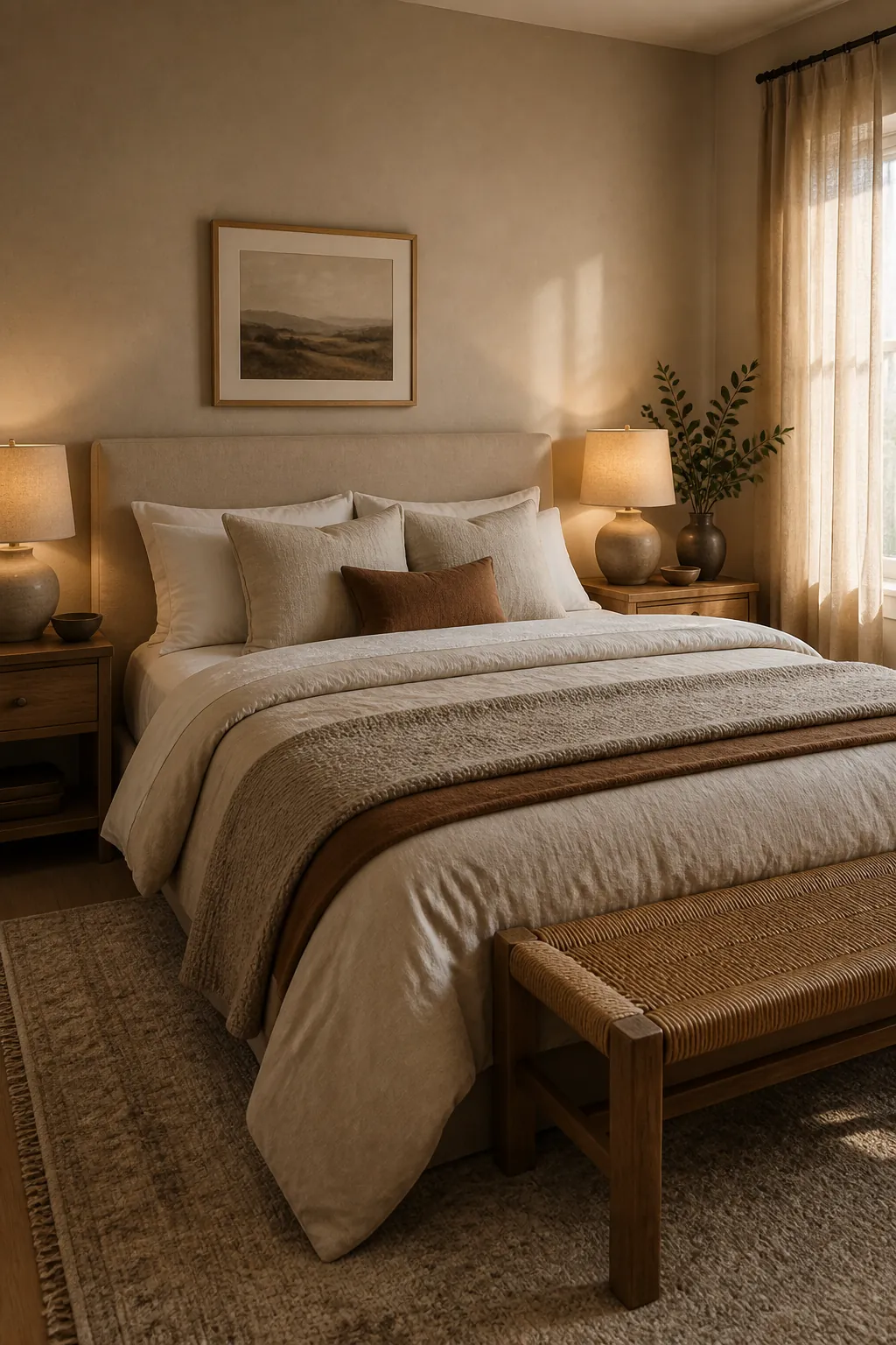 Neutral bedroom with layered bedding in cream beige taupe and warm brown