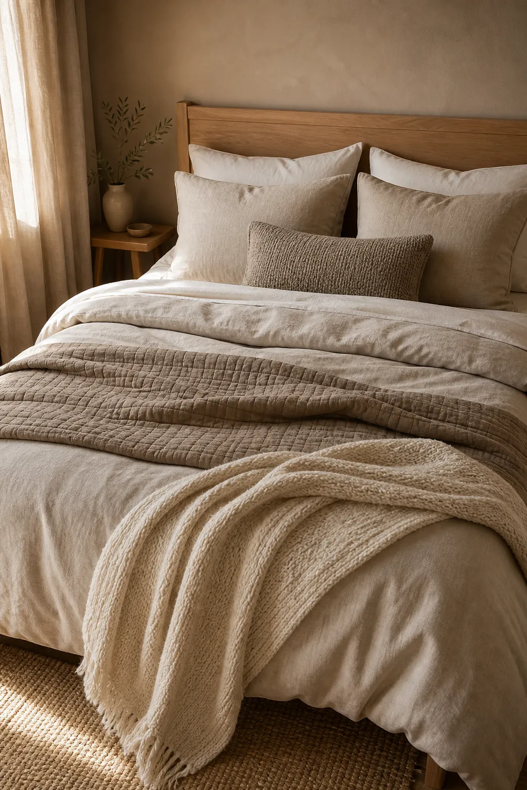 Layered beige bedding with linen sheets, quilt, duvet, and textured pillows