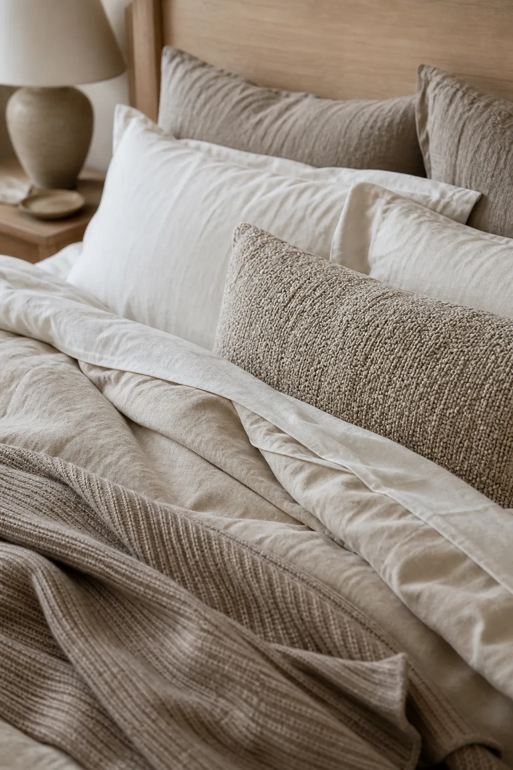 Taupe and cream beige bedding close-up with soft textures and layered pillows