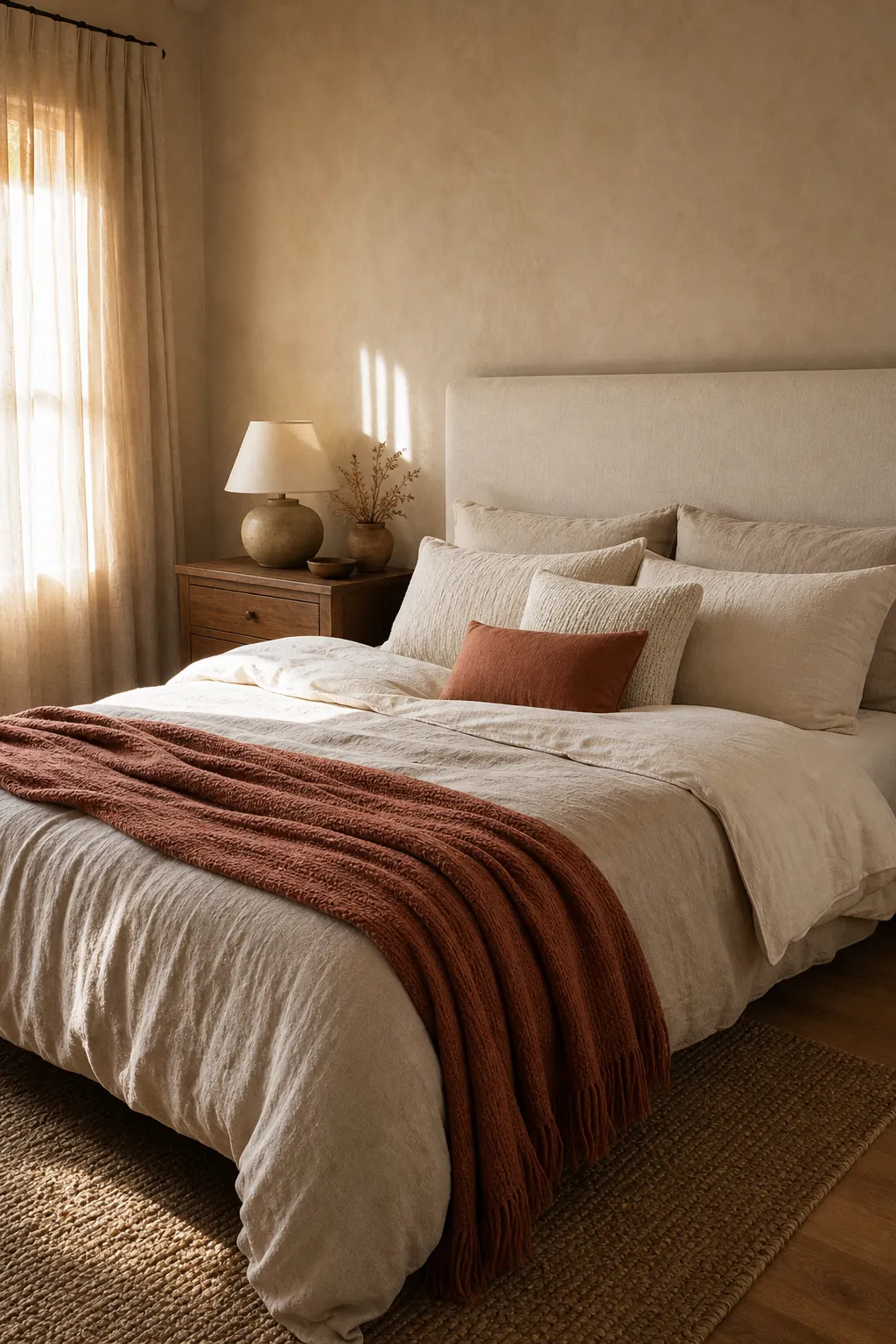 Beige bedding warmed with a terracotta throw blanket and neutral pillows