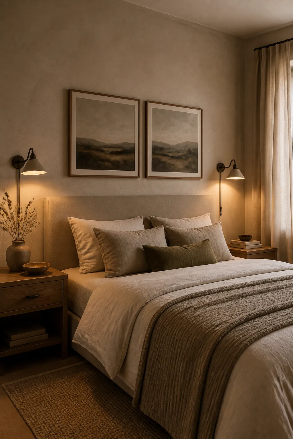 Beige bedroom wall decor with large art and soft bedside sconces