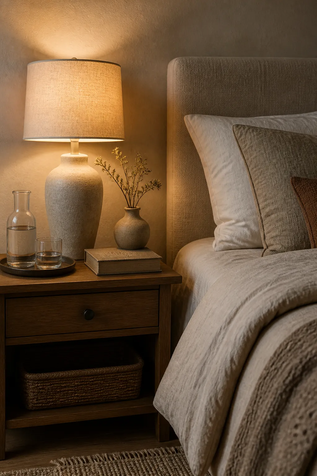 Nightstand styling in a beige bedroom with soft lamp light and natural materials
