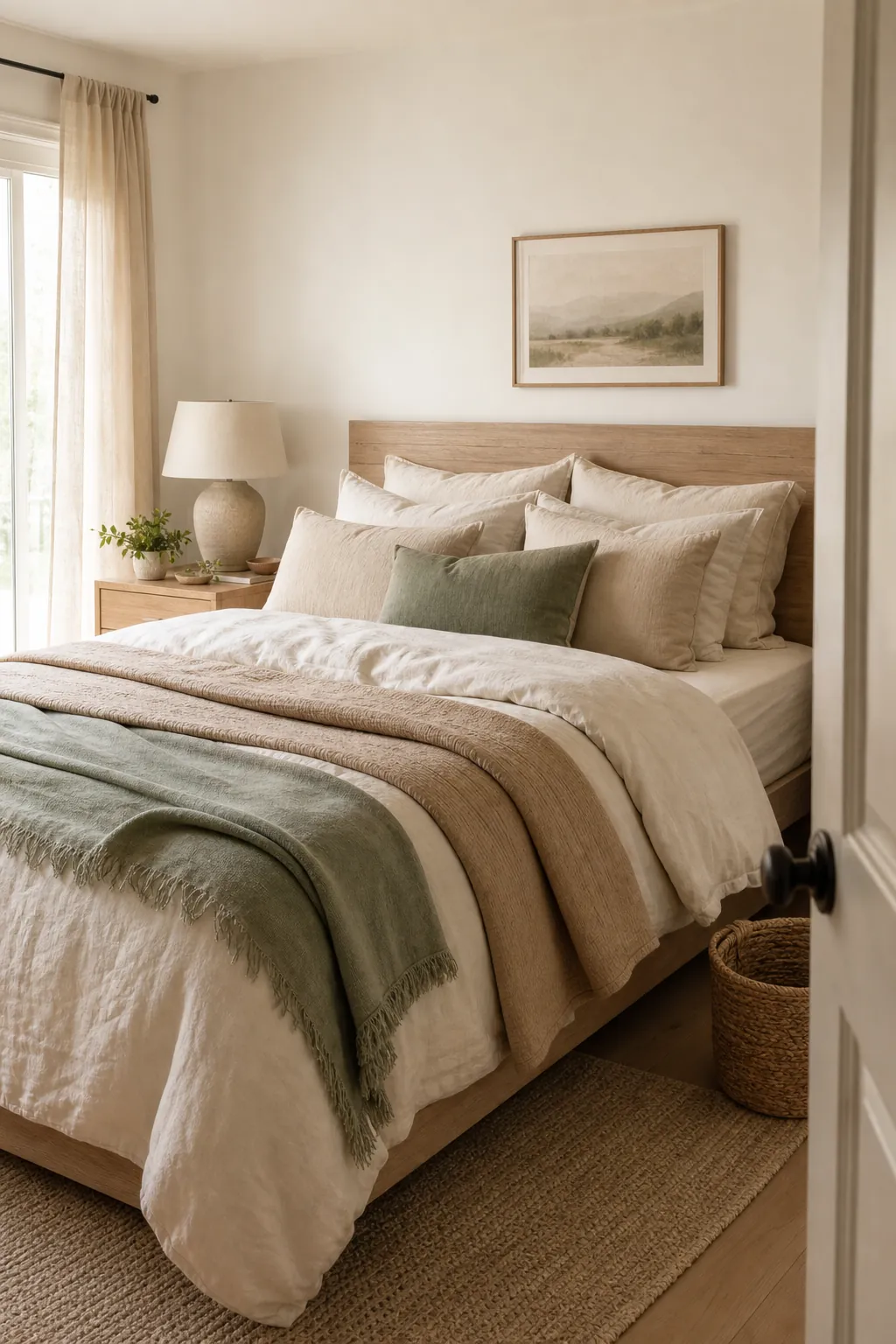 Beige bedding with sage green accents in a calming neutral bedroom