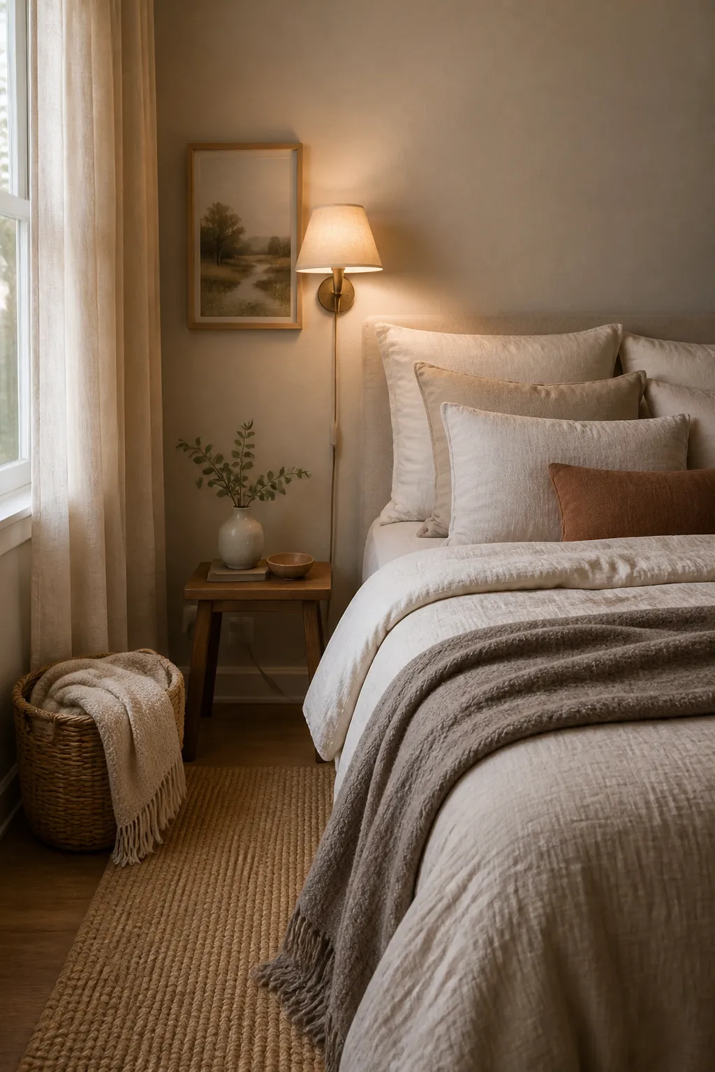 Renter friendly beige bedroom corner with plug in sconce curtains basket and soft texture