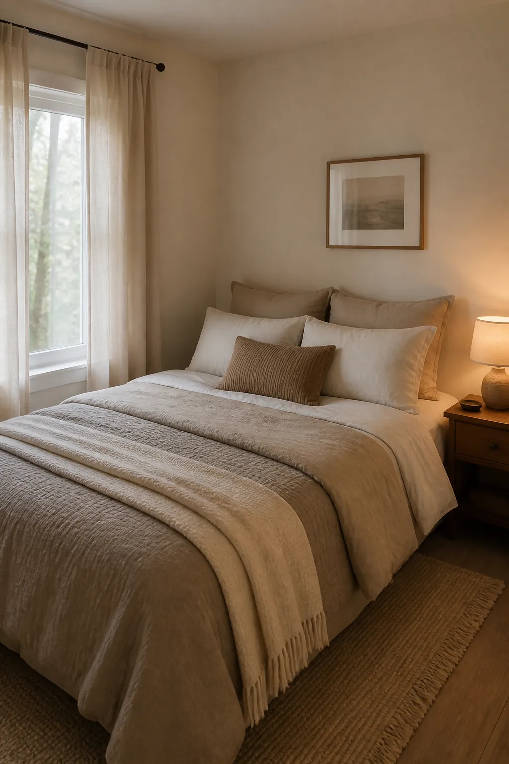 Small bedroom with cozy beige bedding, warm lamp light, curtains, and rug