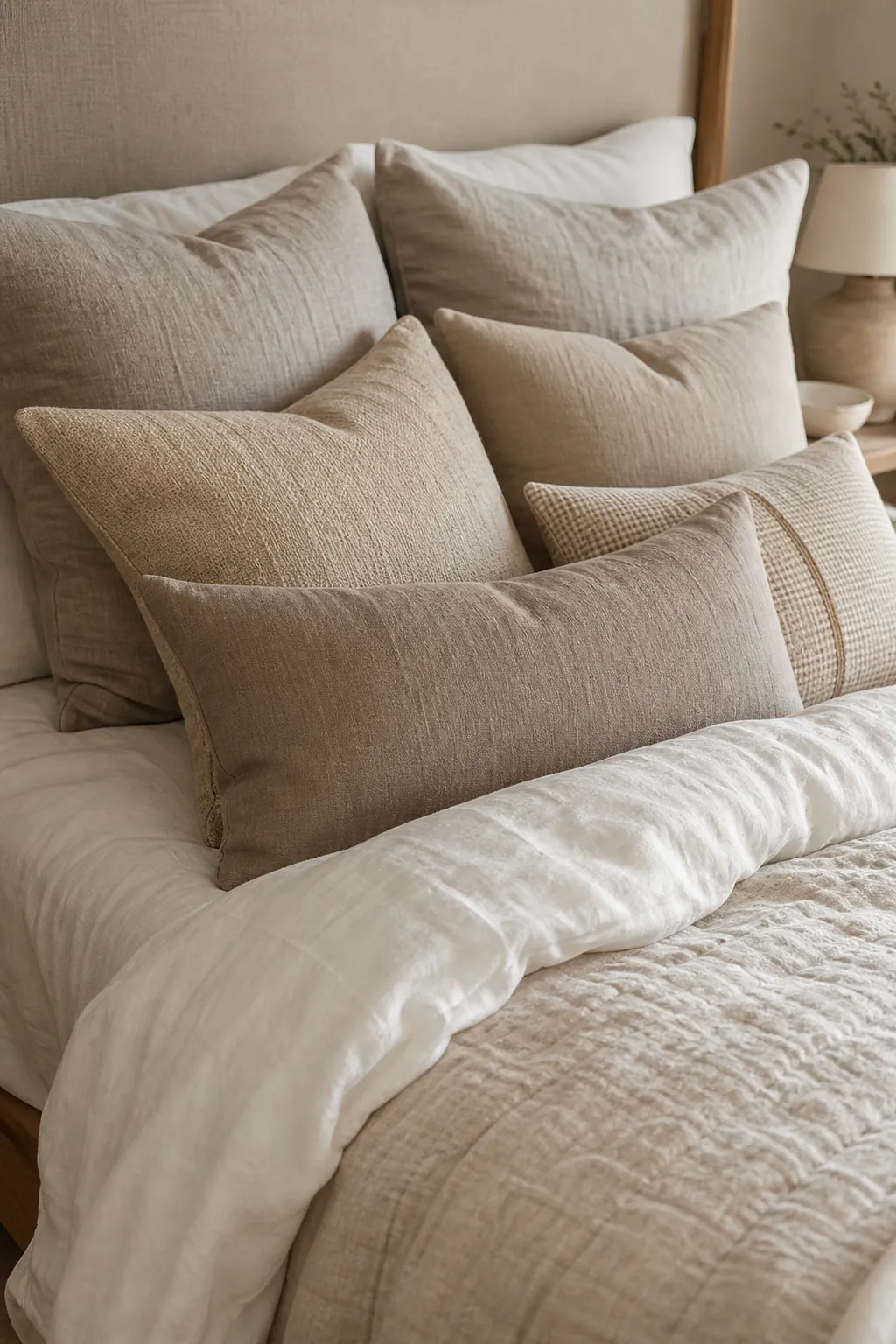 Close-up of beige bedding with mixed pillows in cream, flax, taupe, and subtle pattern
