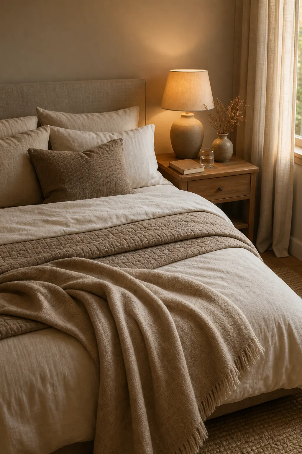Relaxing bedroom with beige bedding, warm bedside lamp, throw blanket, and natural decor