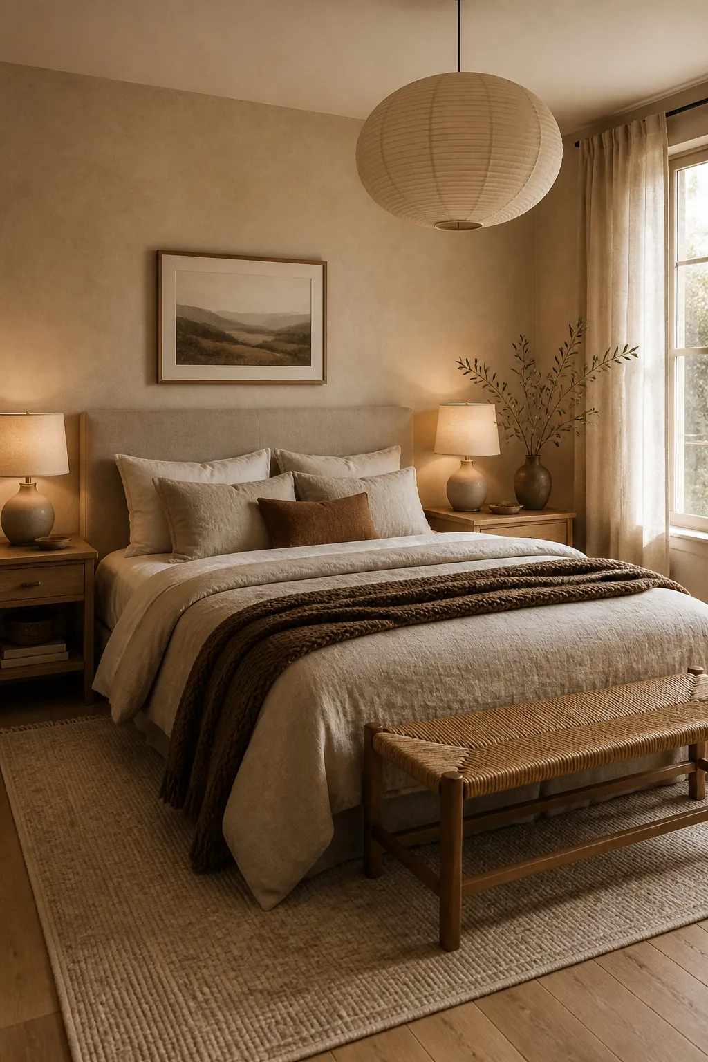 Warm beige bedroom with natural texture accents wood bench linen curtains and wool rug