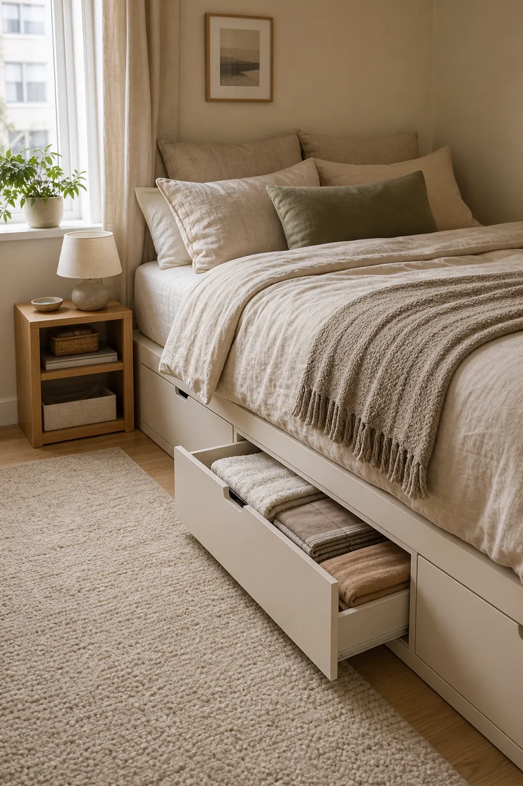 Under bed storage in a small apartment bedroom with drawers, linen bedding, and clutter free styling