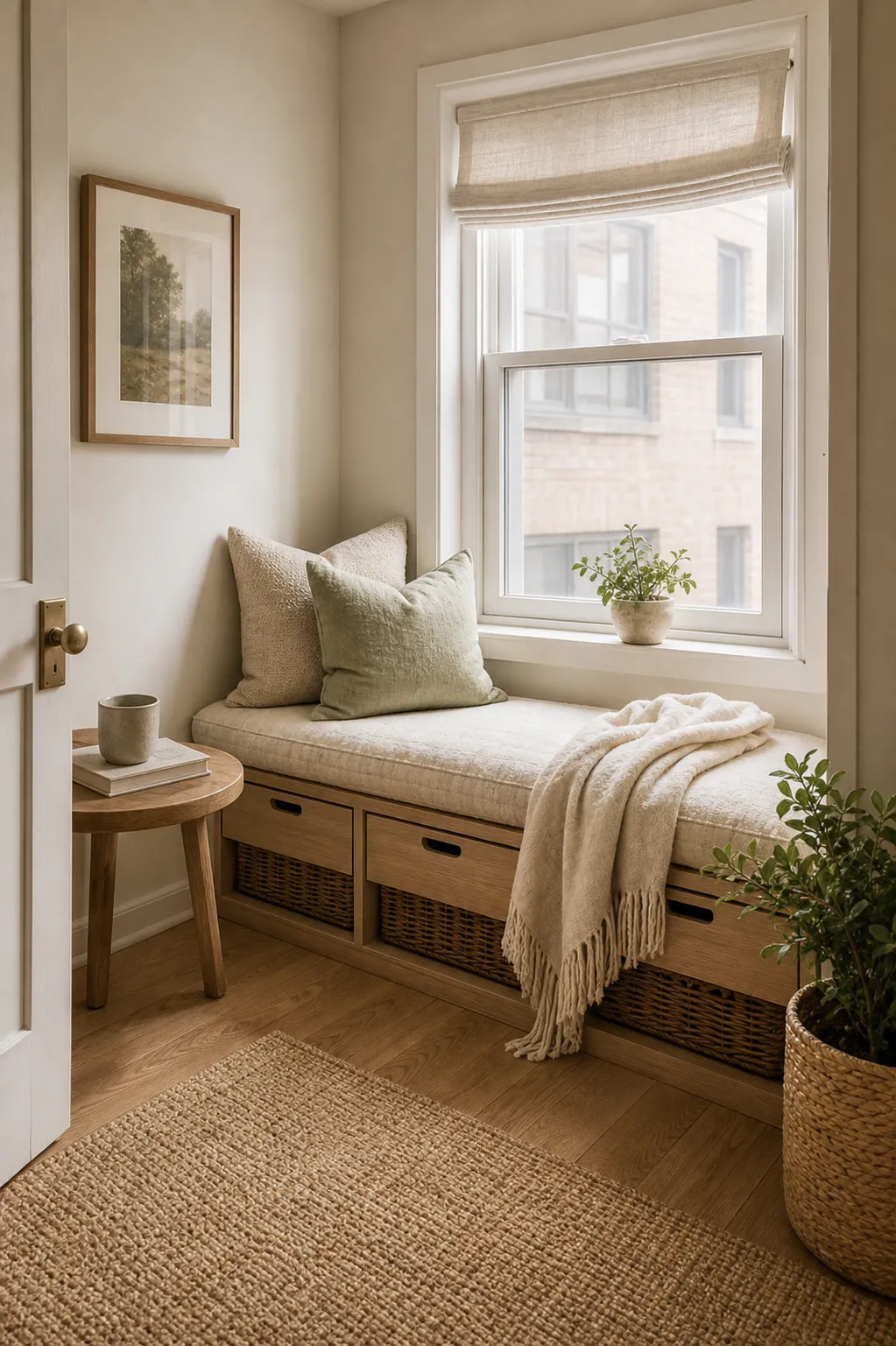 Window bench hidden storage in a small apartment with cushions, baskets, and soft daylight