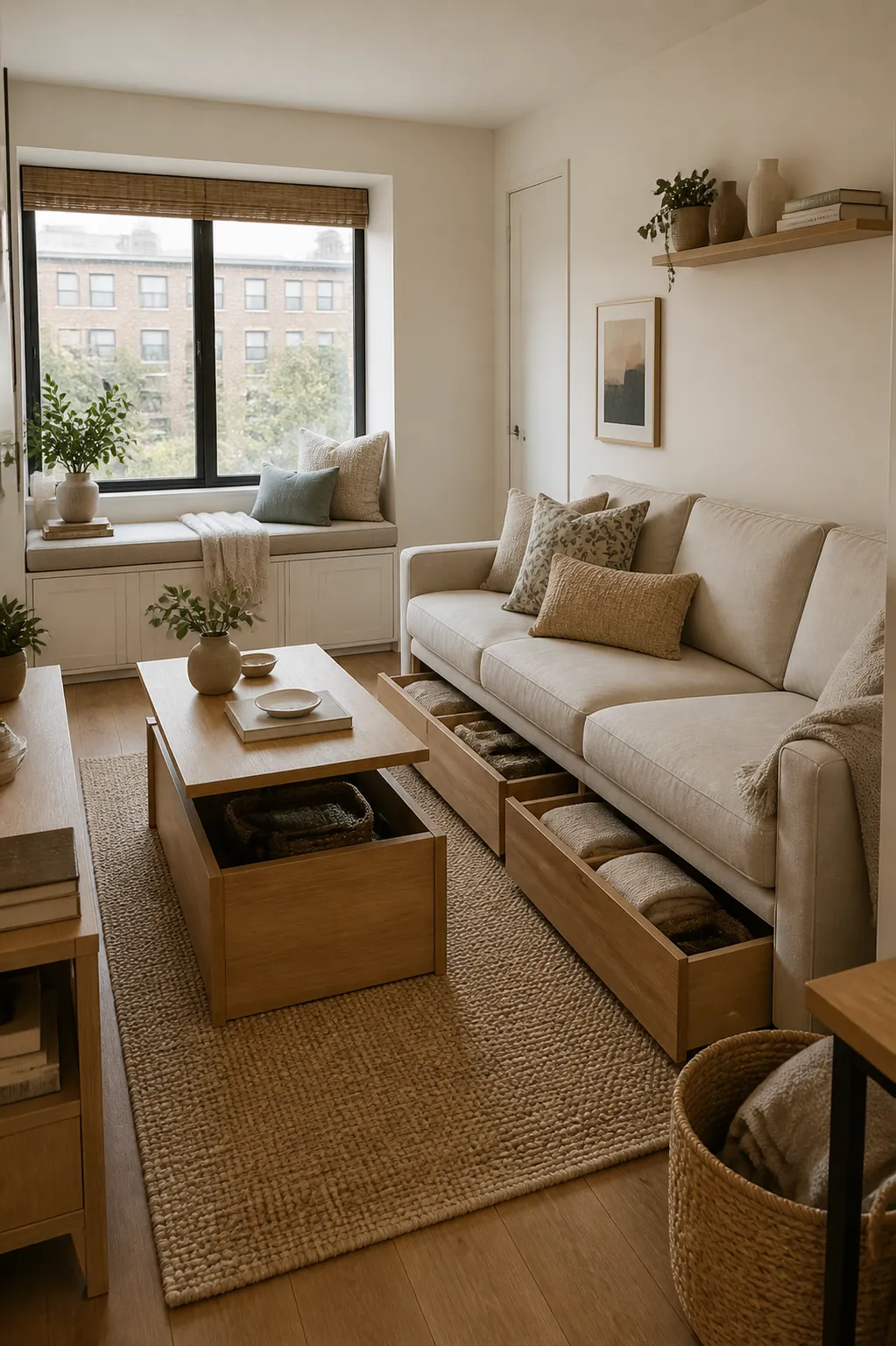 Small apartment living room with hidden storage, bench storage, under sofa drawers, and clutter free styling