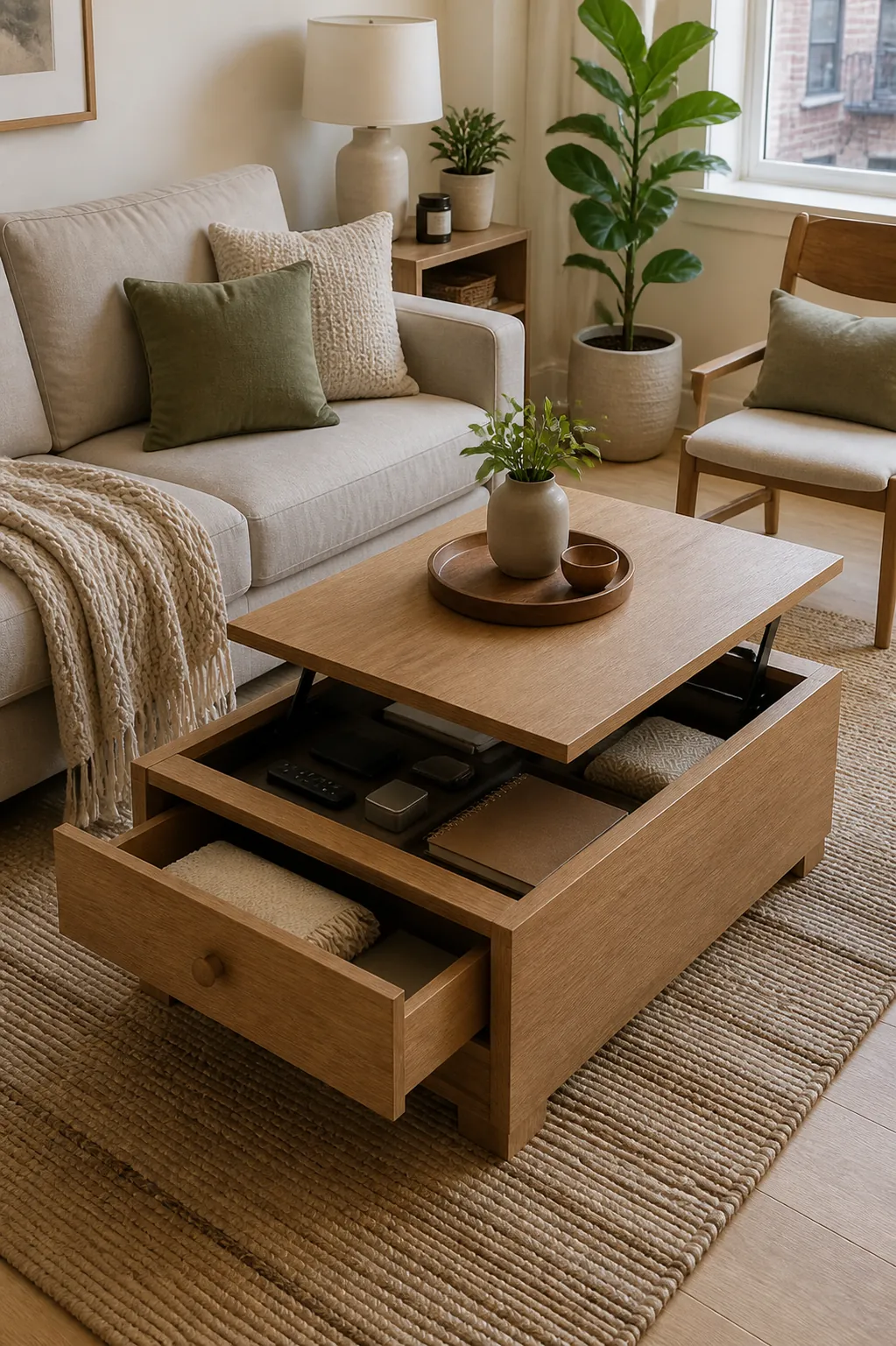 Lift top coffee table with hidden storage in a compact small apartment living room